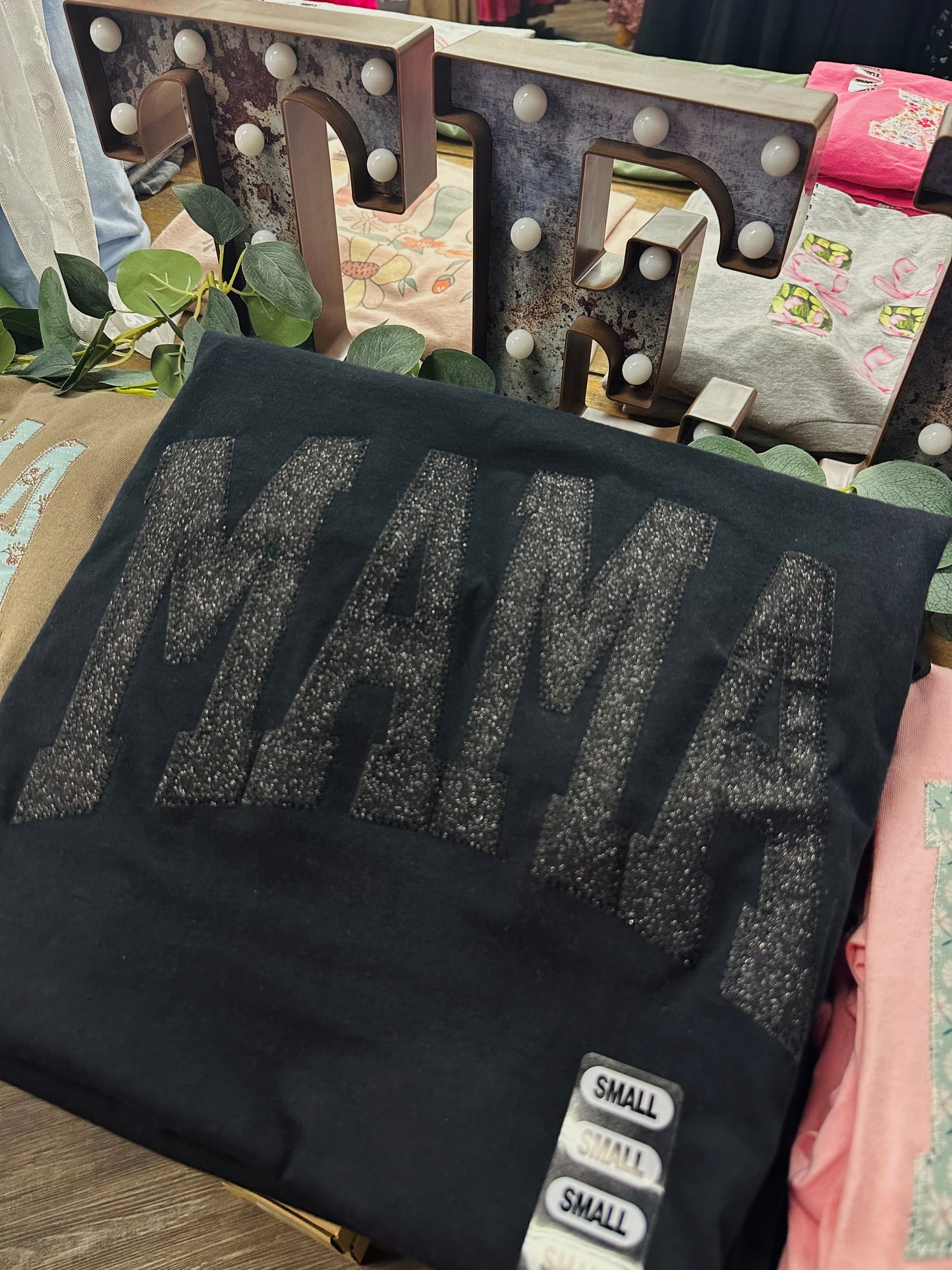 Mama Embroidered Black Sequin Tee