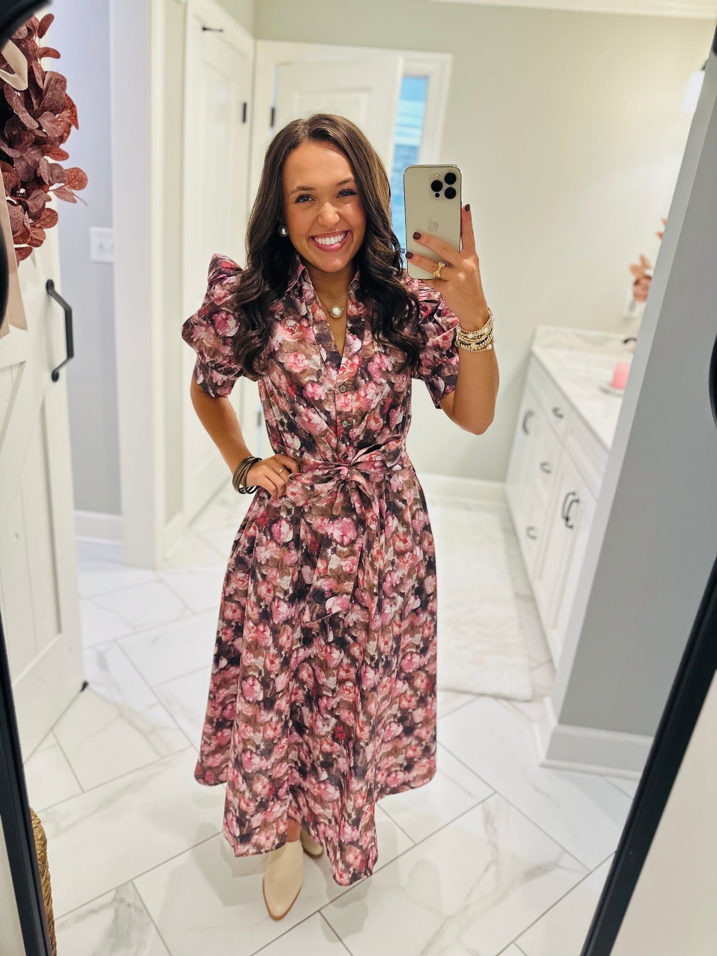 The Maggie Pink + Brown Floral Midi Dress