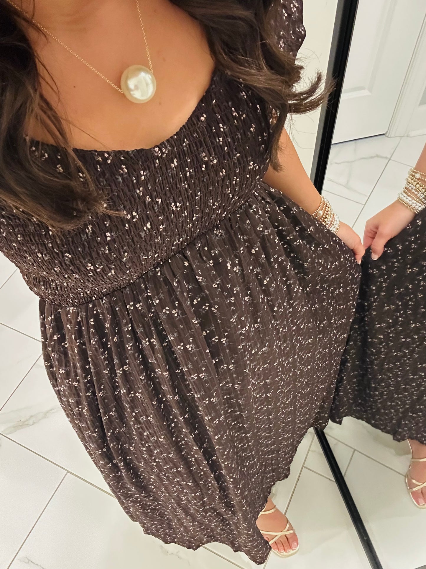 The Miley Dark Brown Ditsy Floral Smocked Maxi Dress