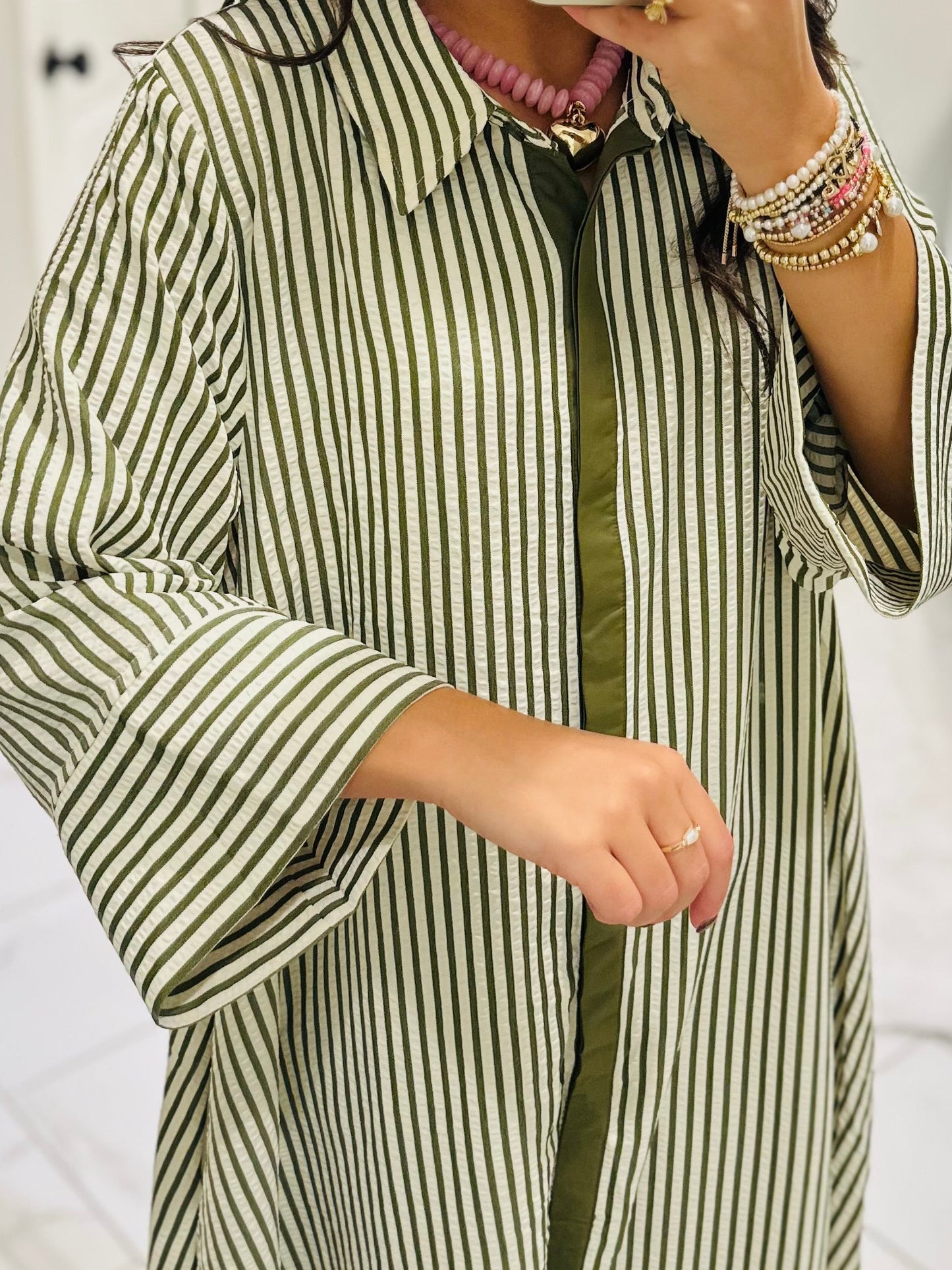 The Nora Olive Green Striped Midi Dress