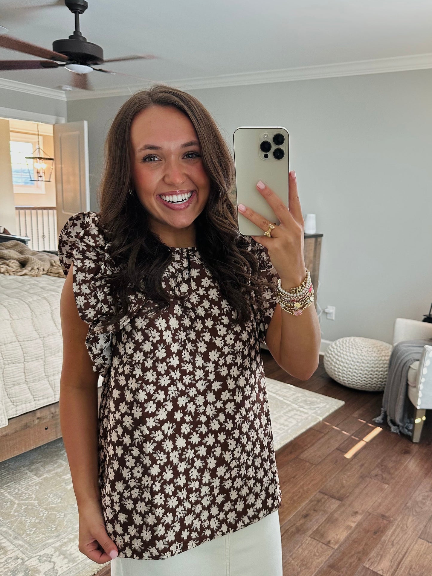 The Darci Brown Floral Ruffle Sleeve Top