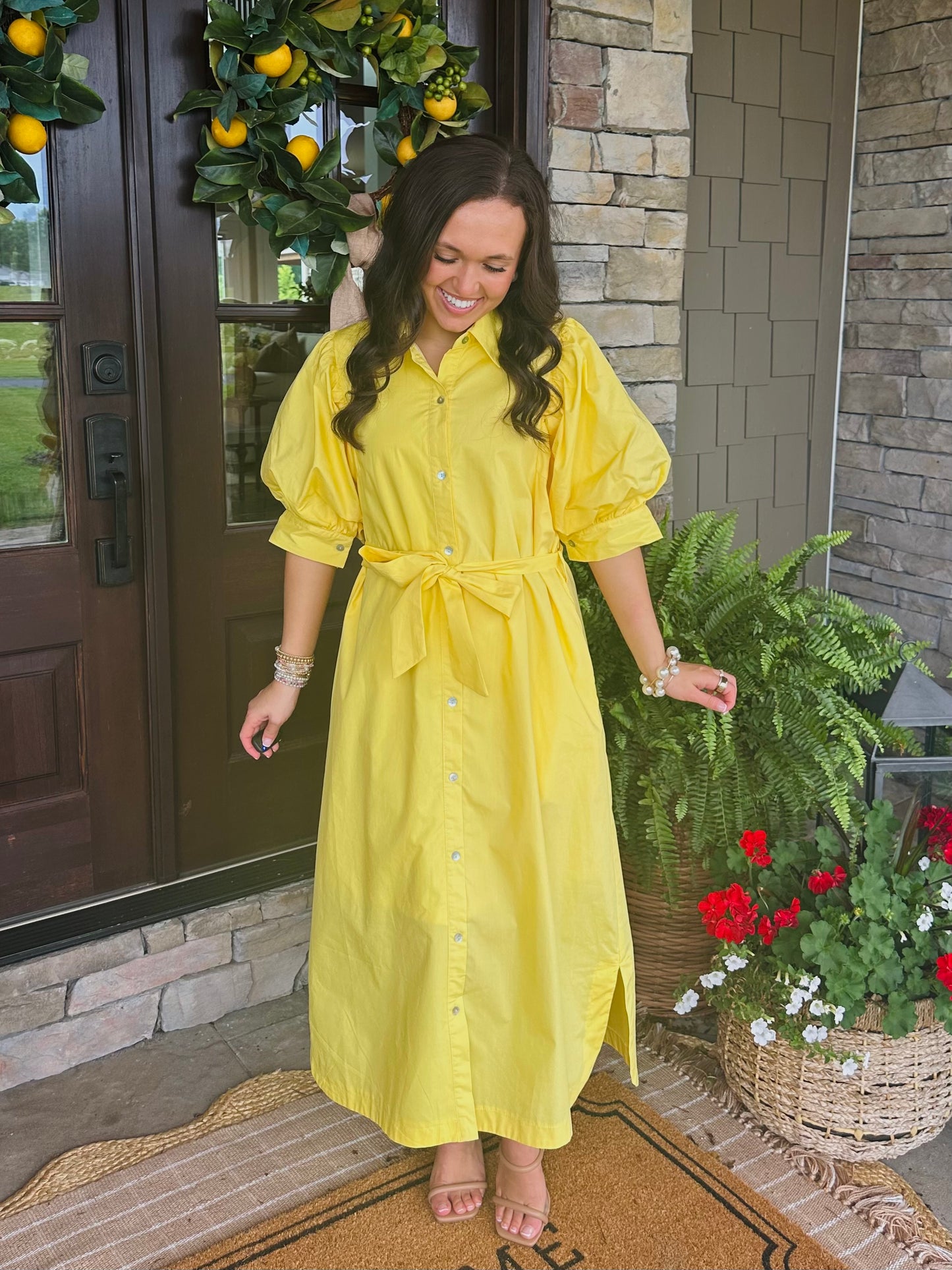 The Caroline Yellow Button Front Midi Dress