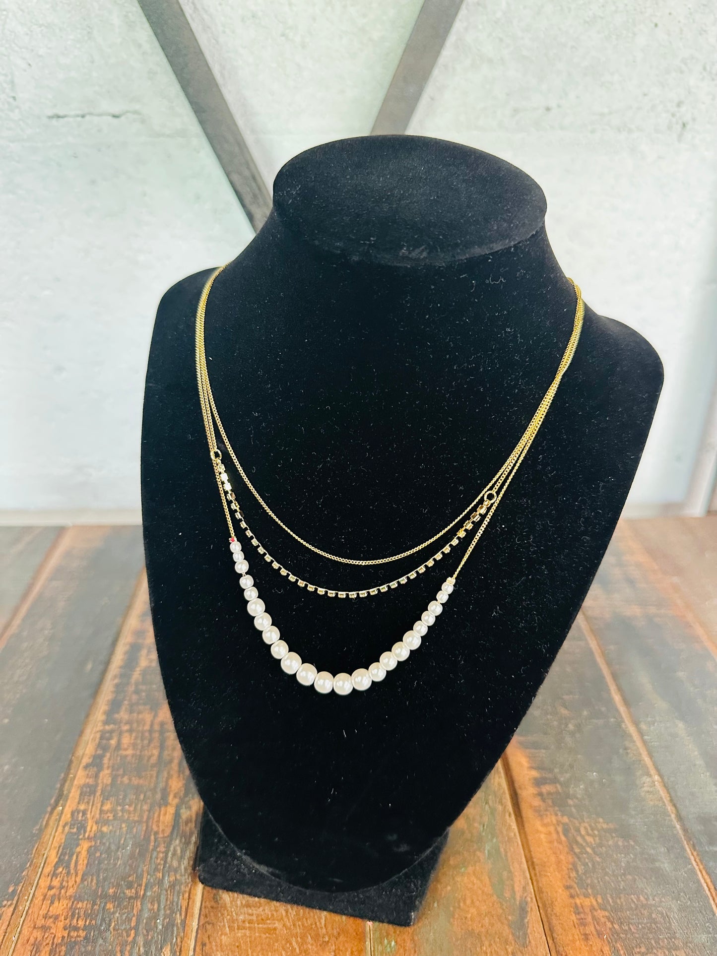 Gold Layered Pearl & Rhinestone Necklace