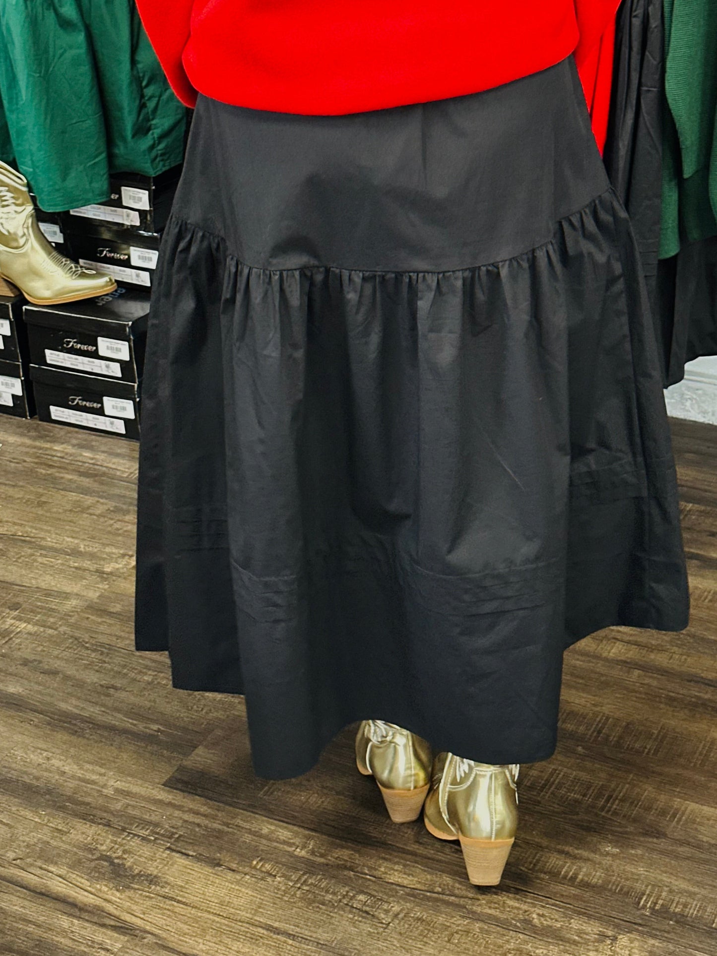 The Kelly Black Pleated Midi Skirt