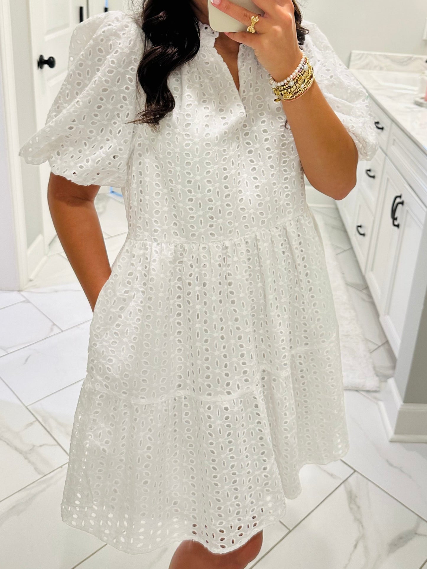 The Jacey White Babydoll Eyelet Dress