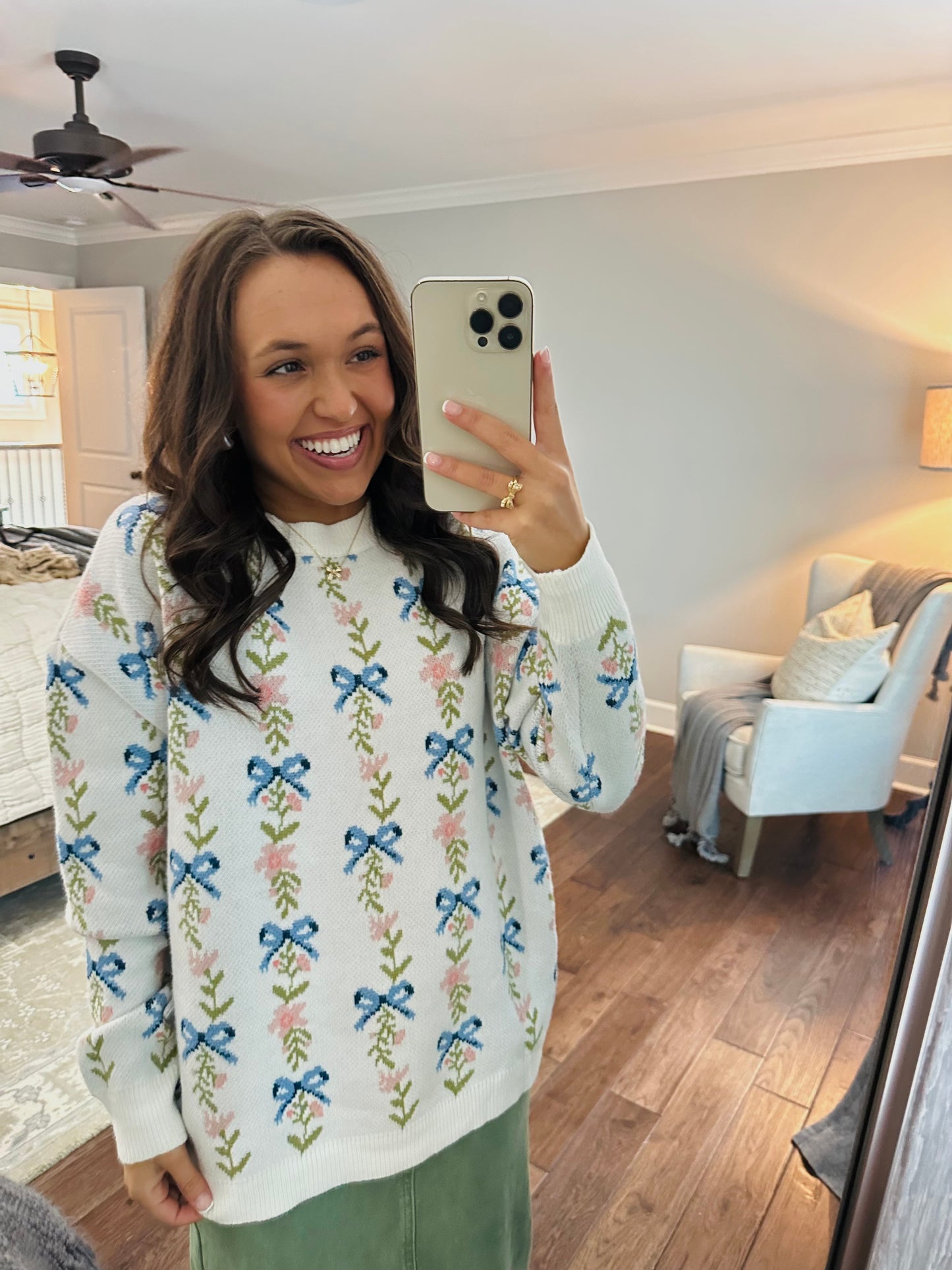 The White Coquette Ribbon Bow Floral Sweater