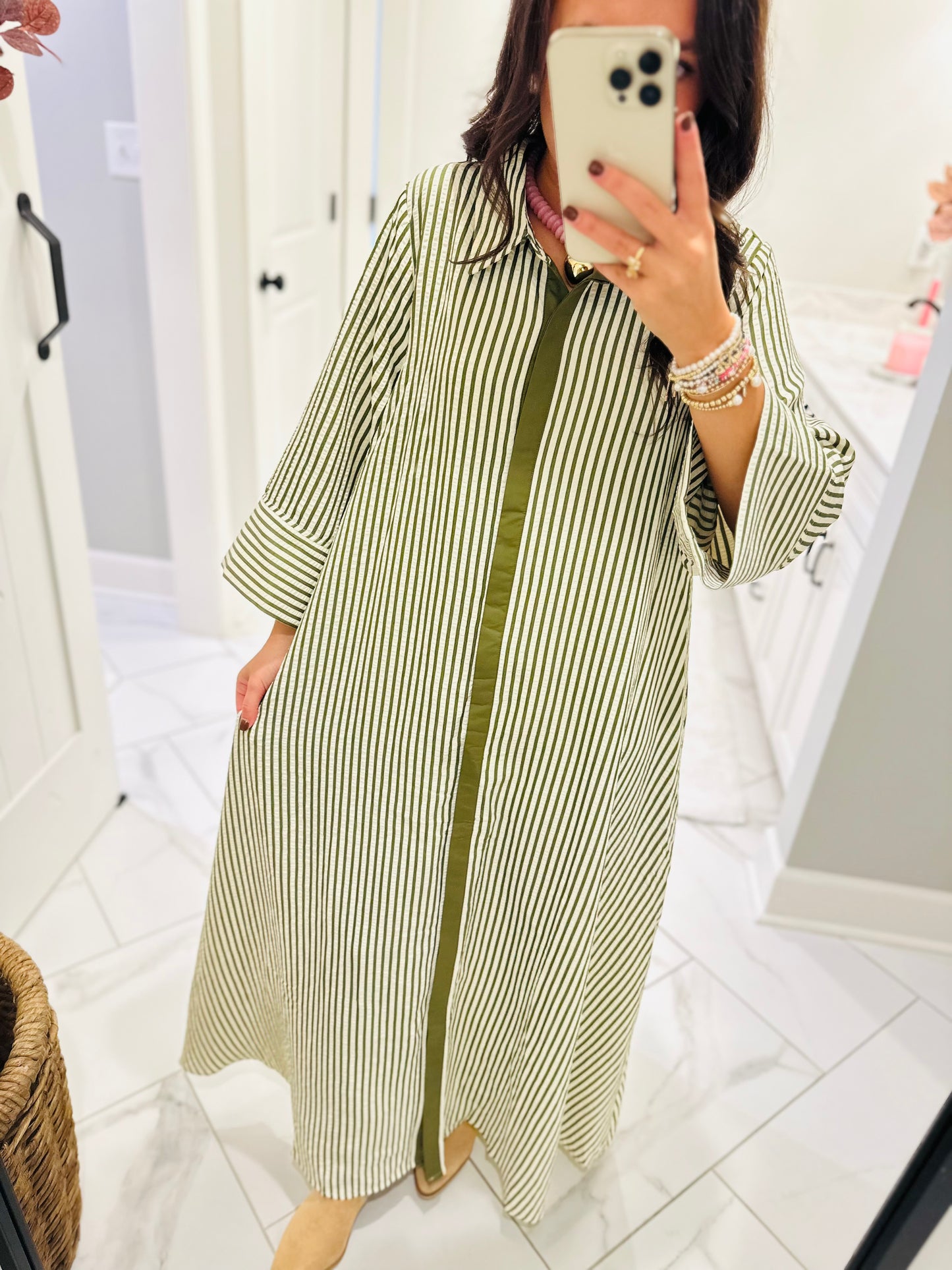 The Nora Olive Green Striped Midi Dress
