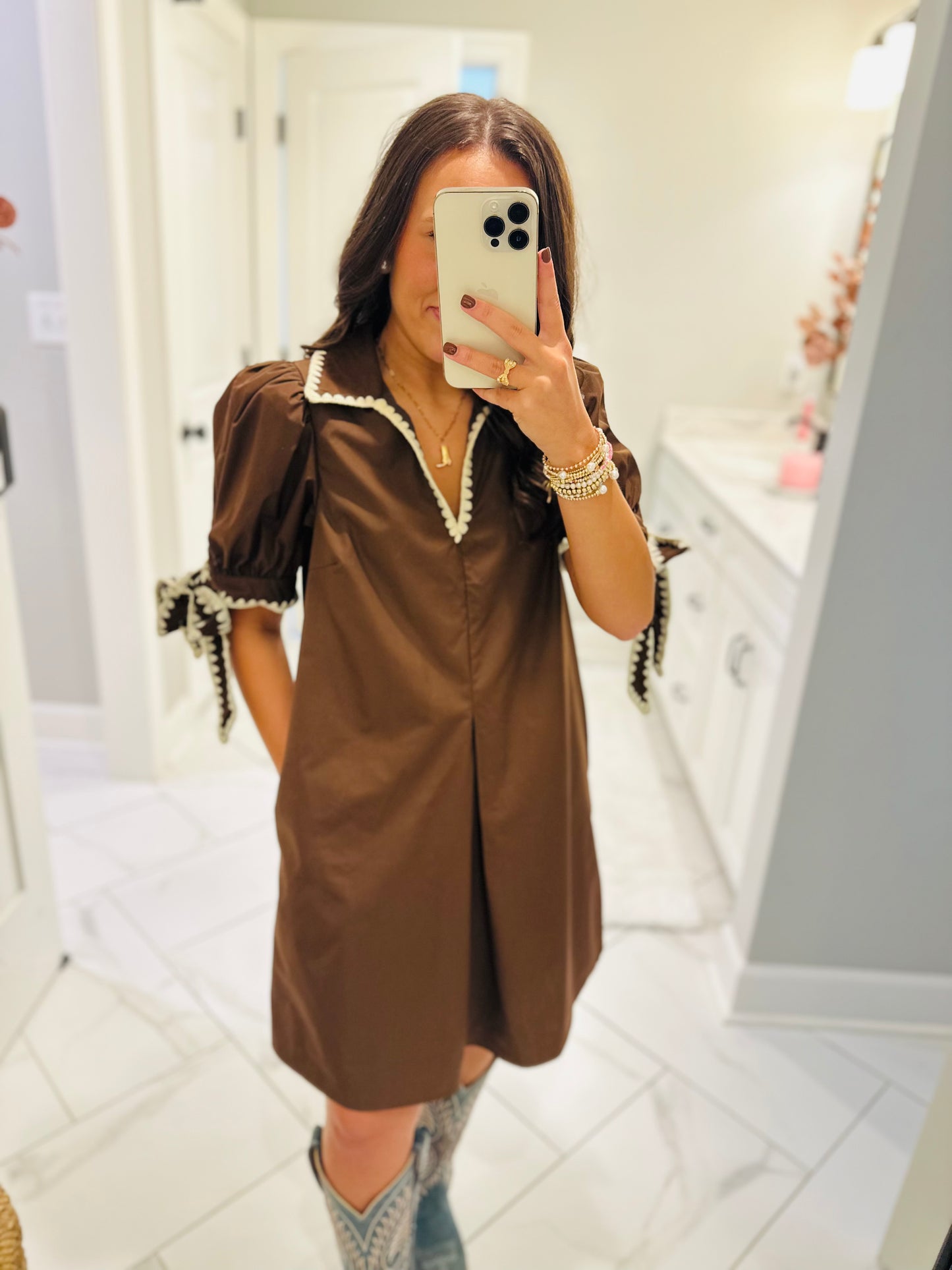 The Luci Brown Contrast Stitching Bow Detail Dress