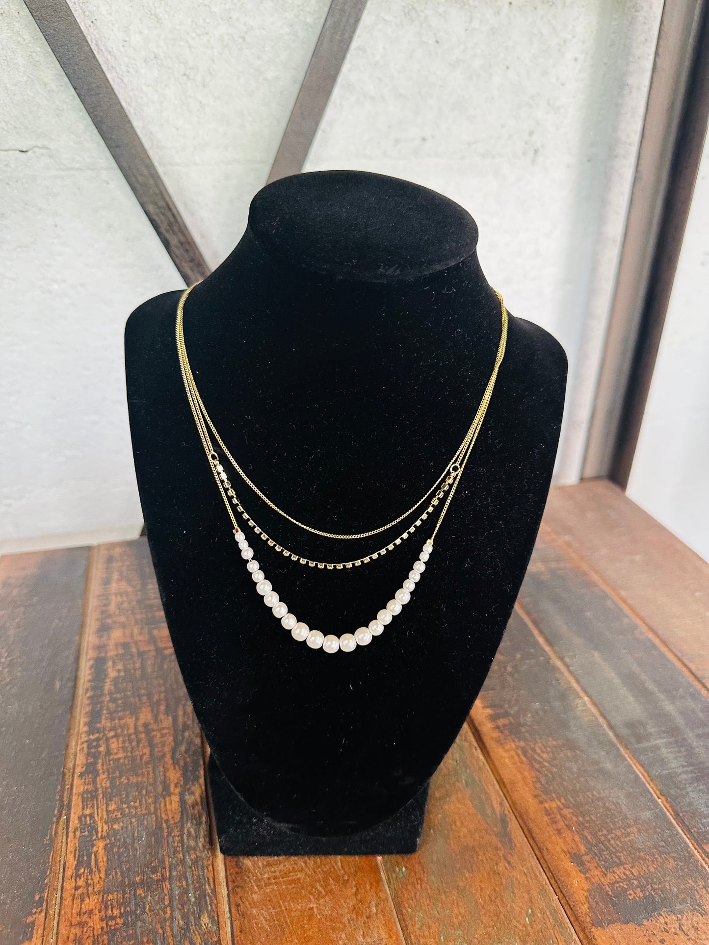 Gold Layered Pearl & Rhinestone Necklace