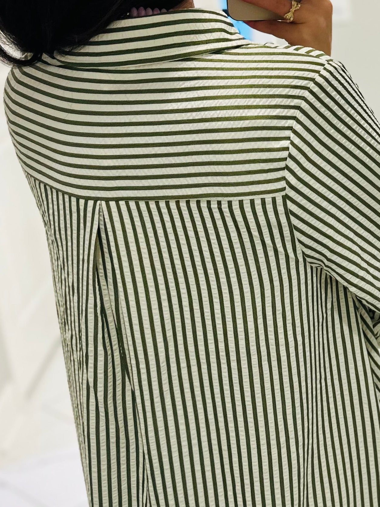 The Nora Olive Green Striped Midi Dress