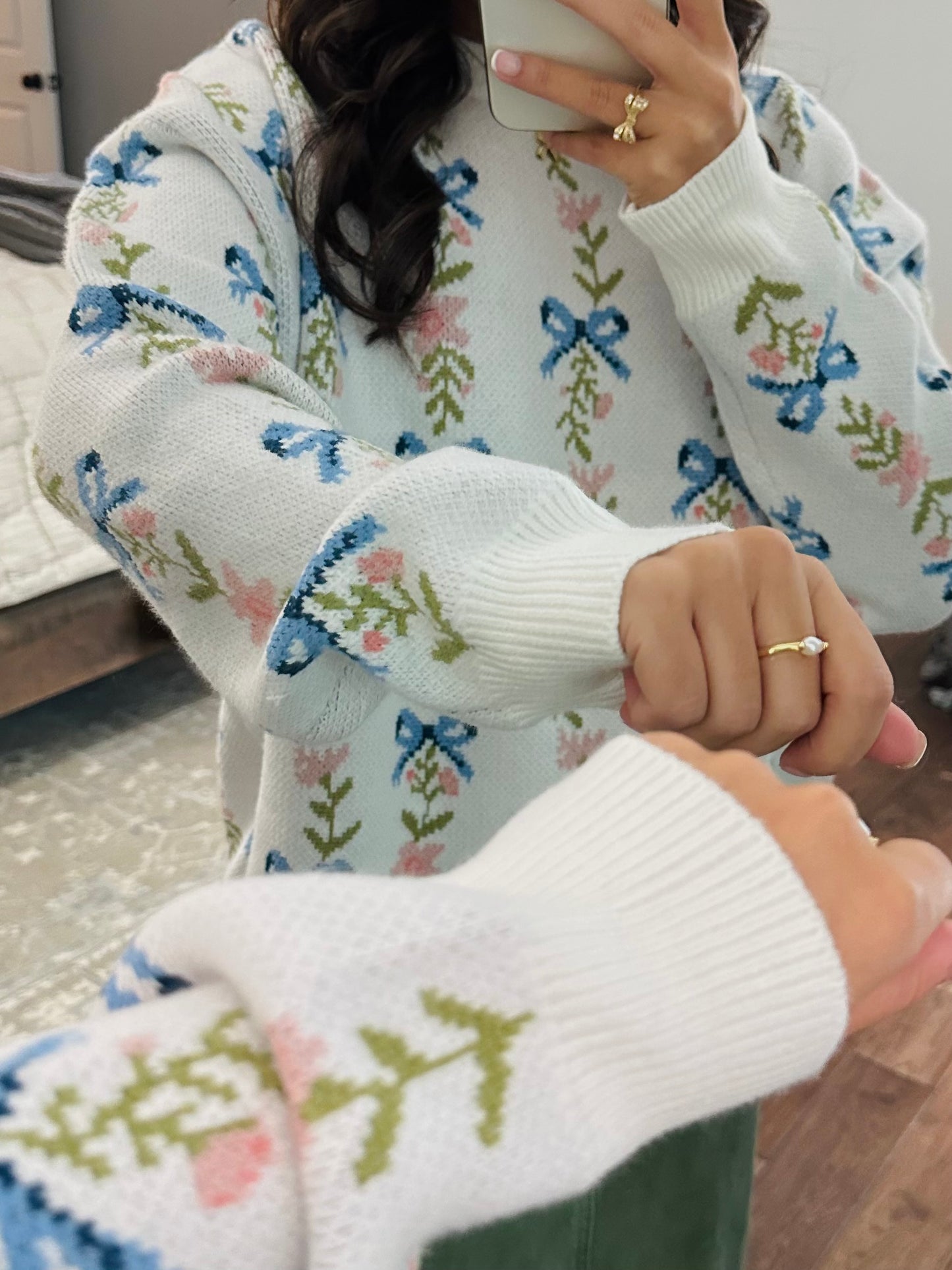 The White Coquette Ribbon Bow Floral Sweater