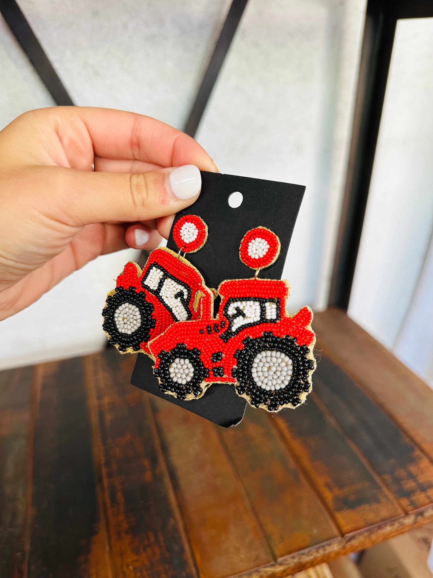 Red Tractor Seed Bead Drop Earrings
