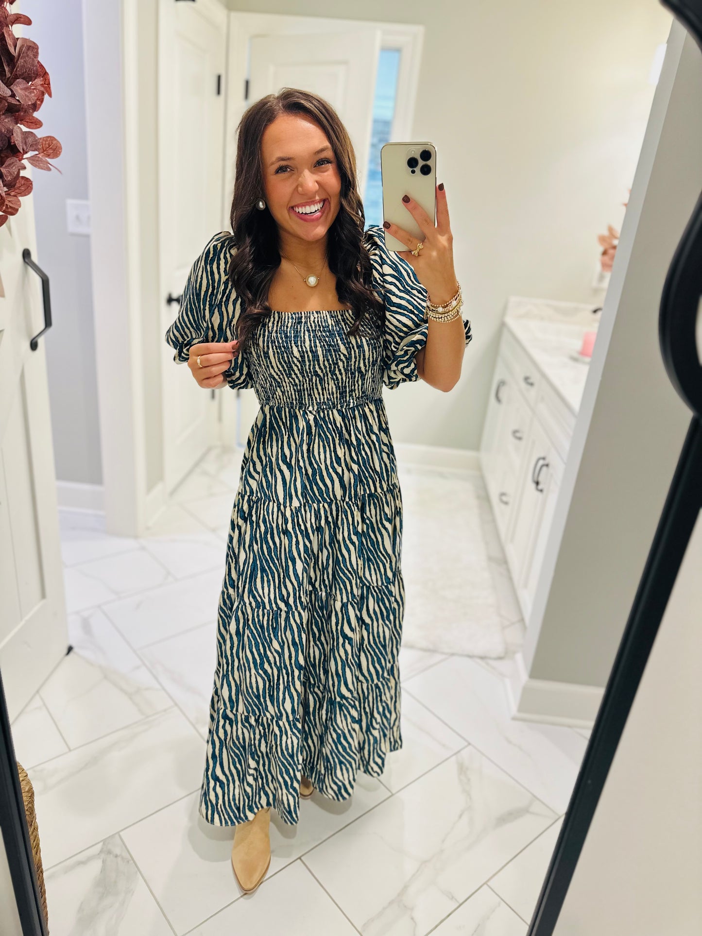 The Gracie Teal Smocked Midi Dress
