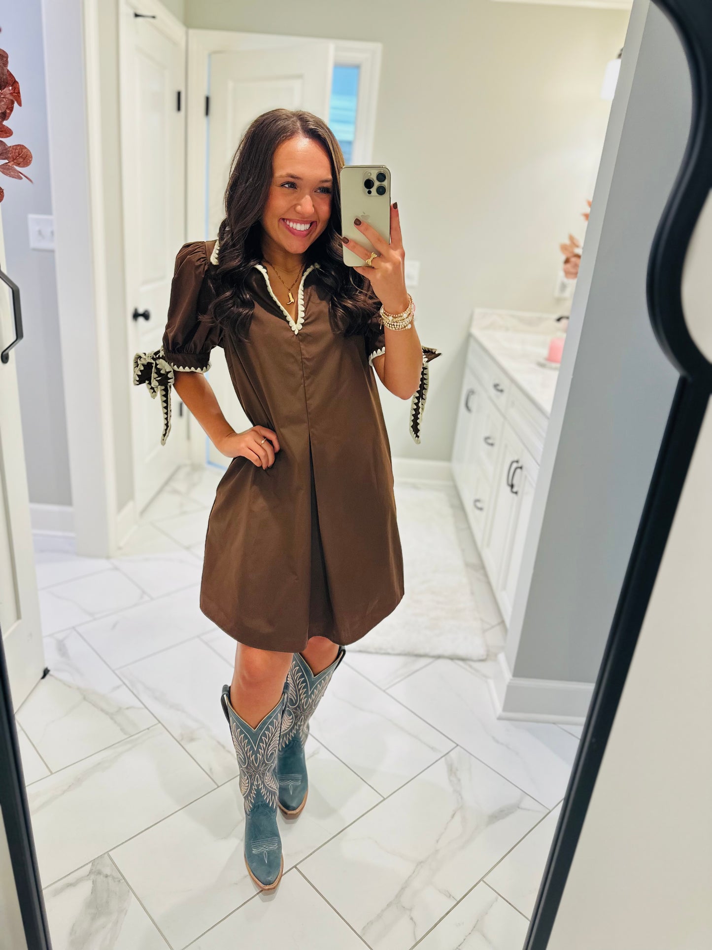 The Luci Brown Contrast Stitching Bow Detail Dress