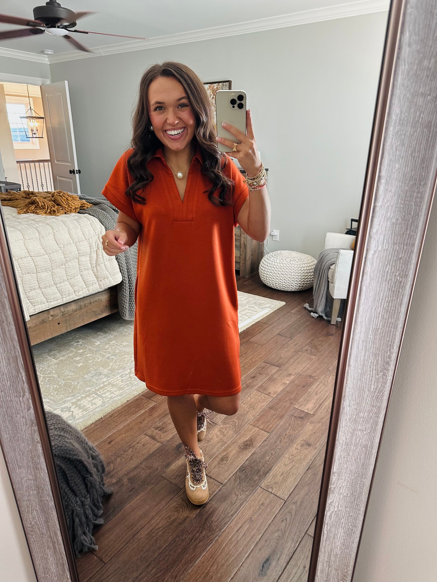 The Briar Burnt Orange V-neck Shift Dress
