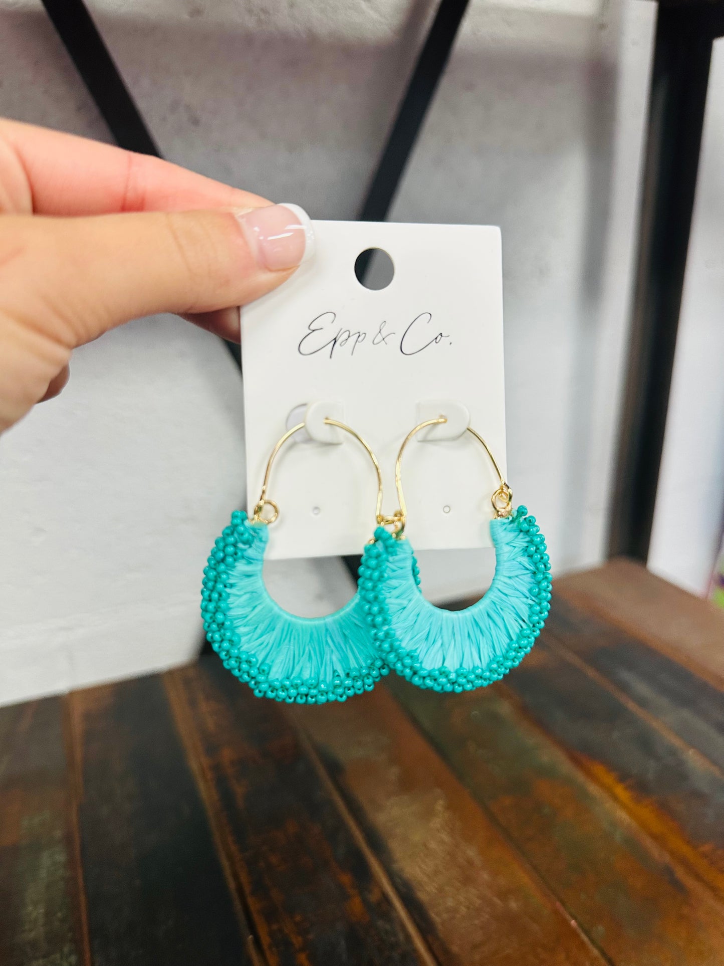 Teal Raffia & Bead Drop Earring