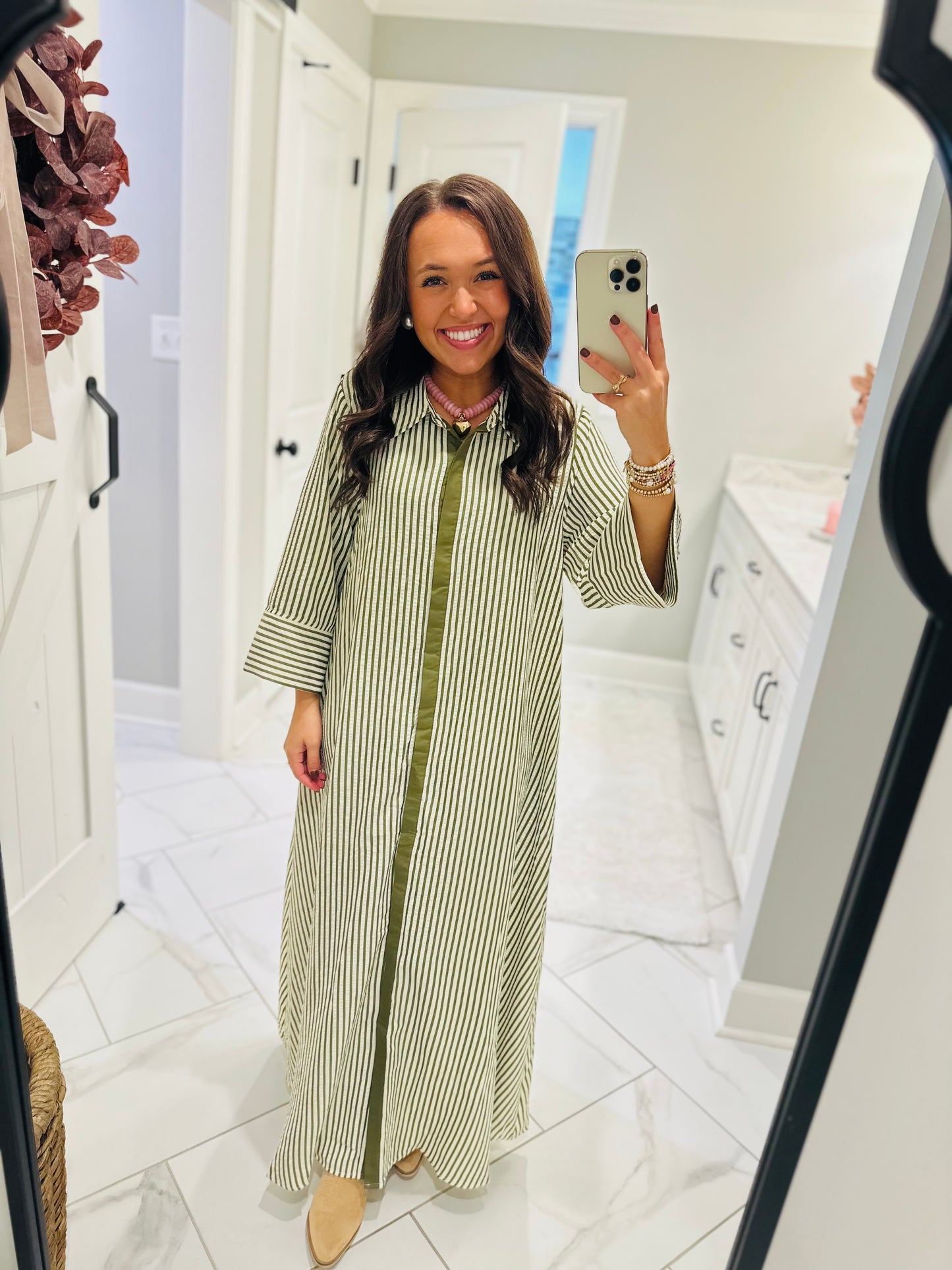The Nora Olive Green Striped Midi Dress