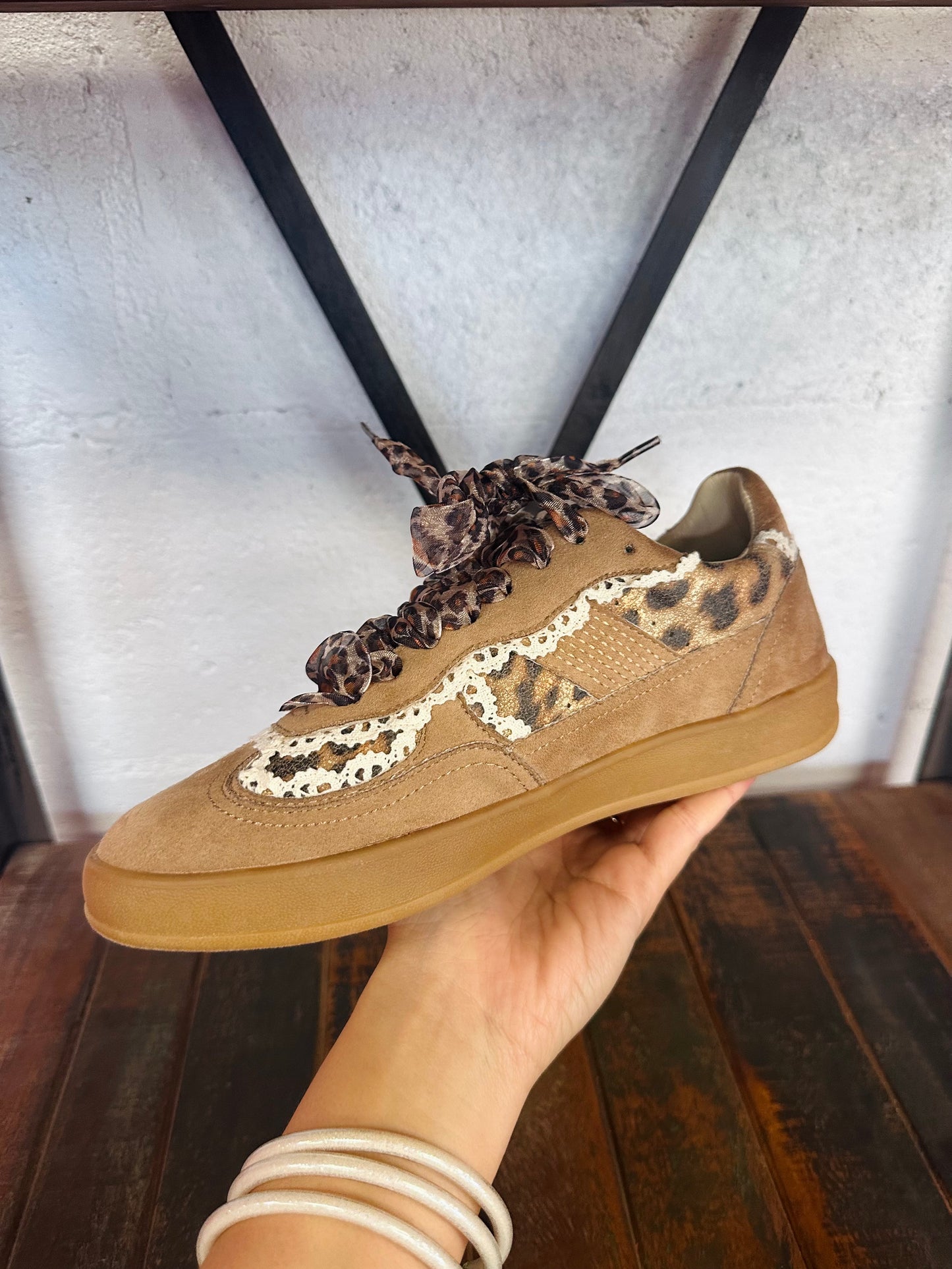 The Eleanor Camel Leopard Lace Trim Sneaker