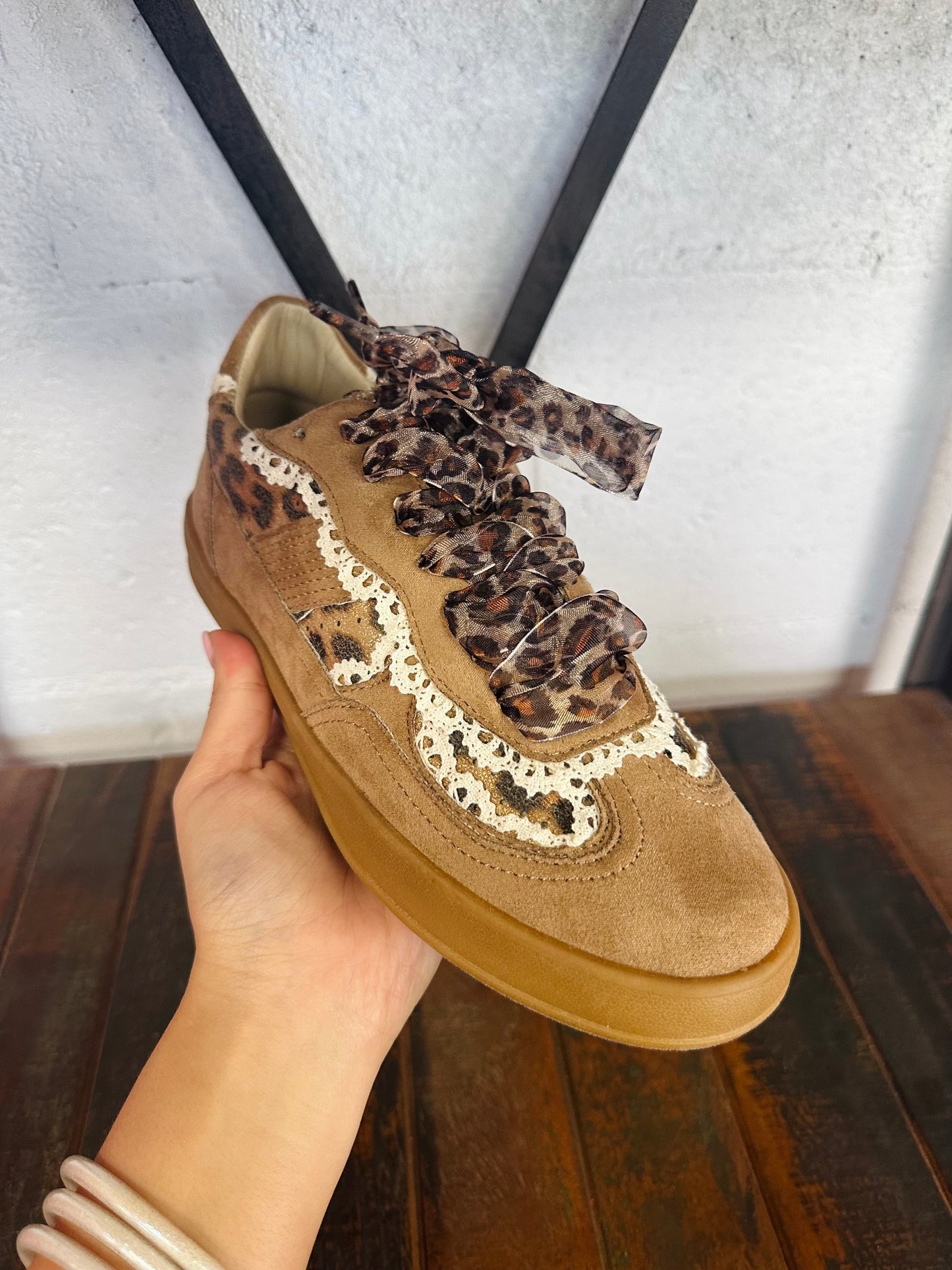 The Eleanor Camel Leopard Lace Trim Sneaker