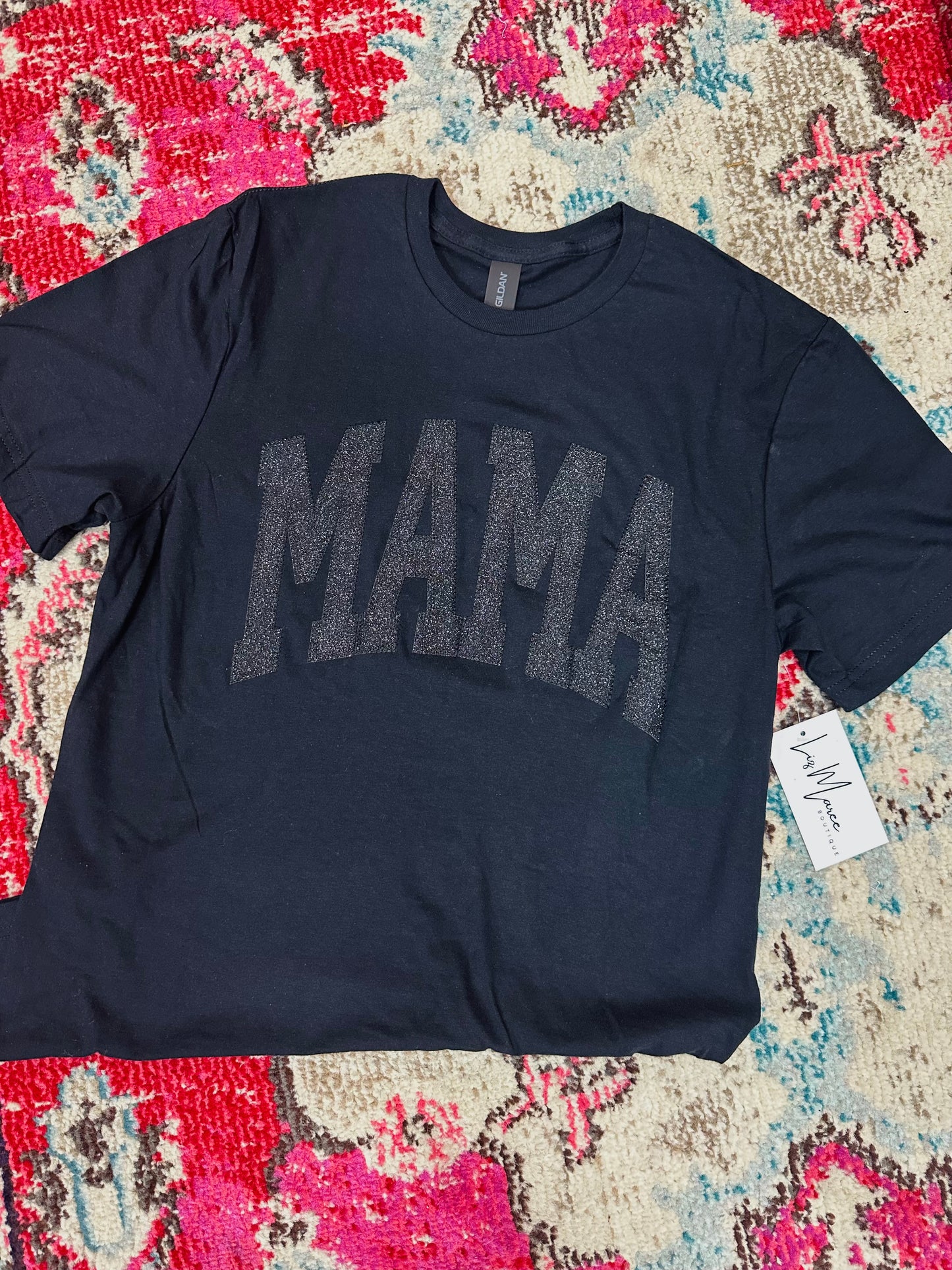 Mama Embroidered Black Sequin Tee