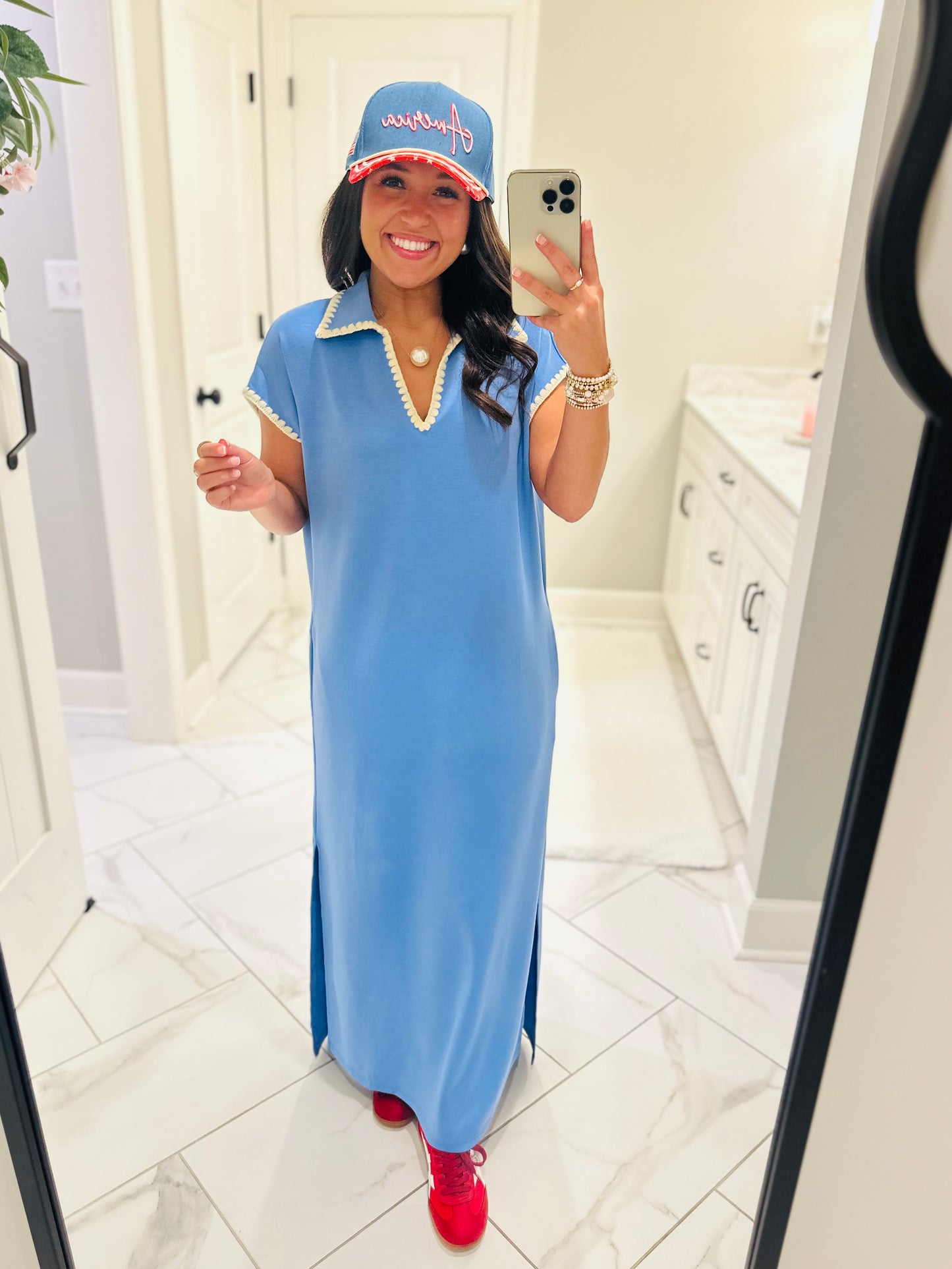 The Sarah Blue Collared Stitch Midi Dress