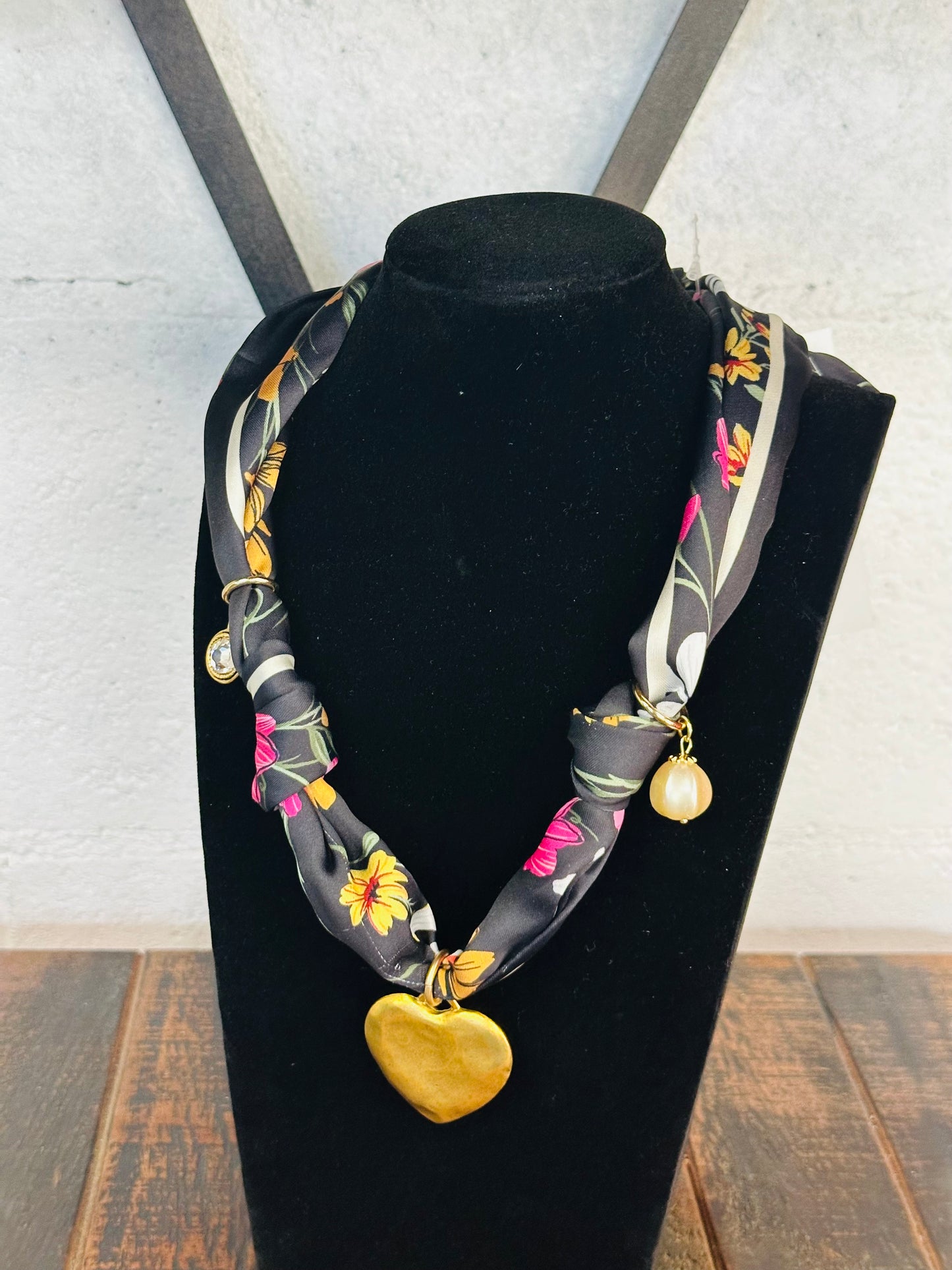 Black Floral Silk Scarf Necklace