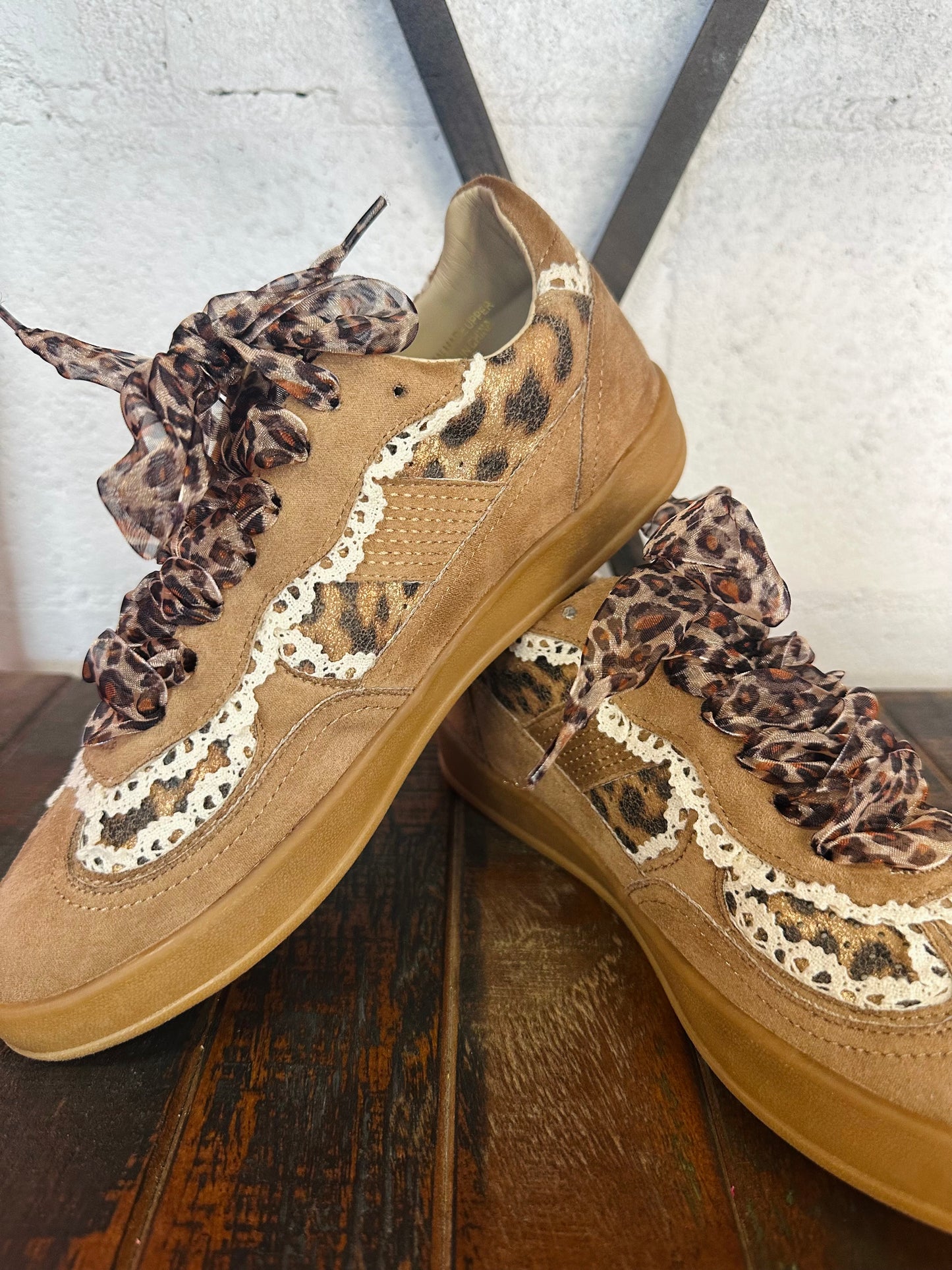 The Eleanor Camel Leopard Lace Trim Sneaker