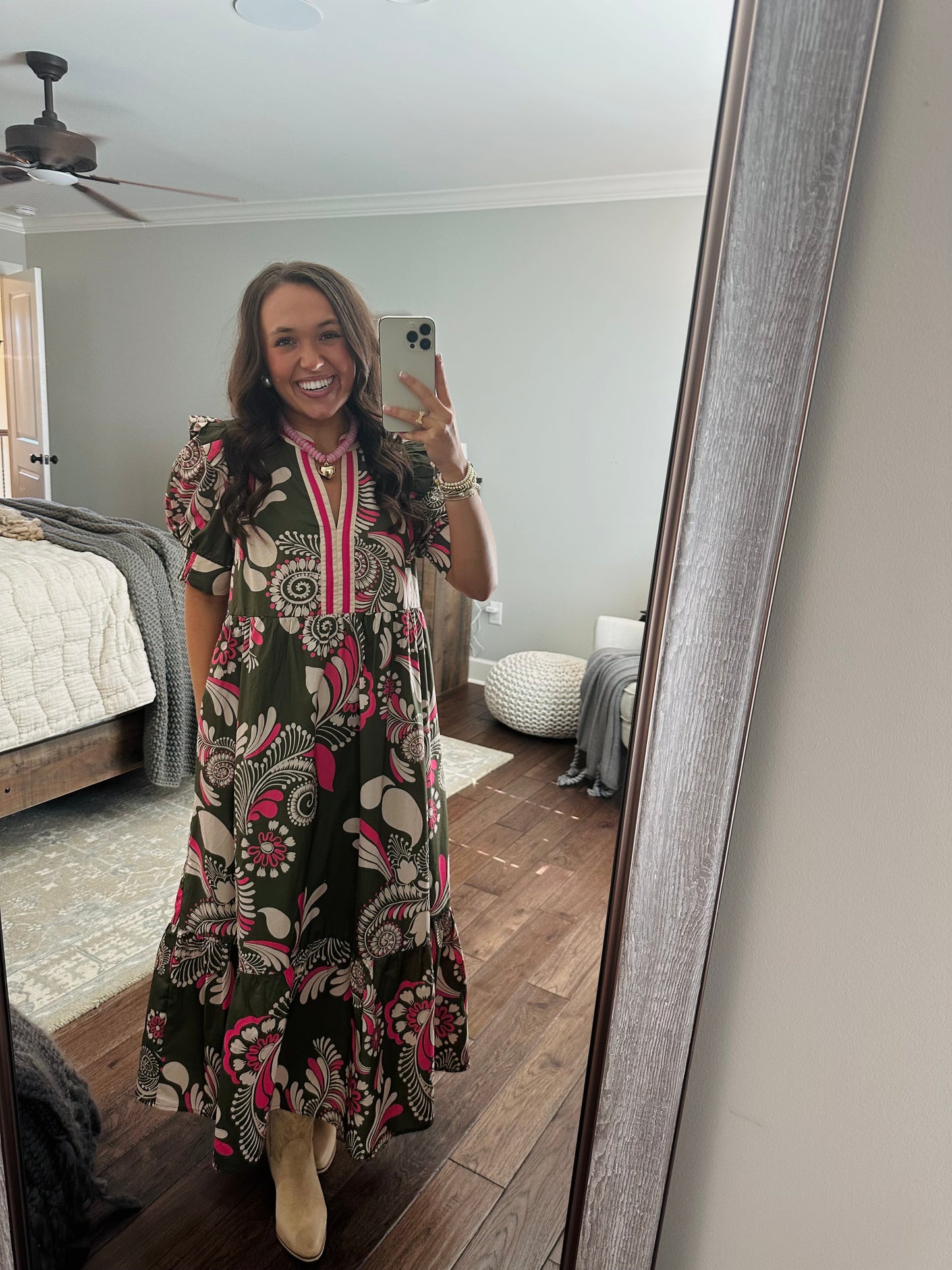 The Anne Olive Green + Pink Midi Dress