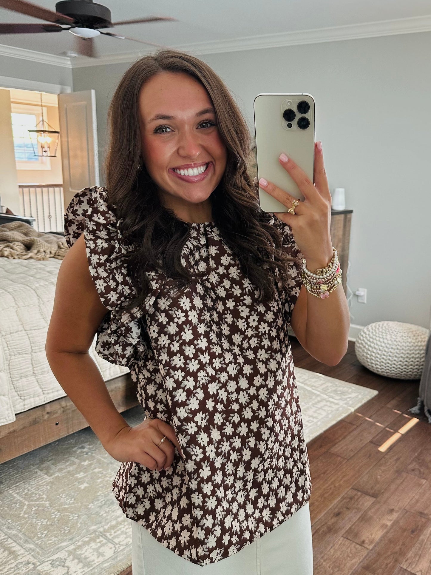 The Darci Brown Floral Ruffle Sleeve Top