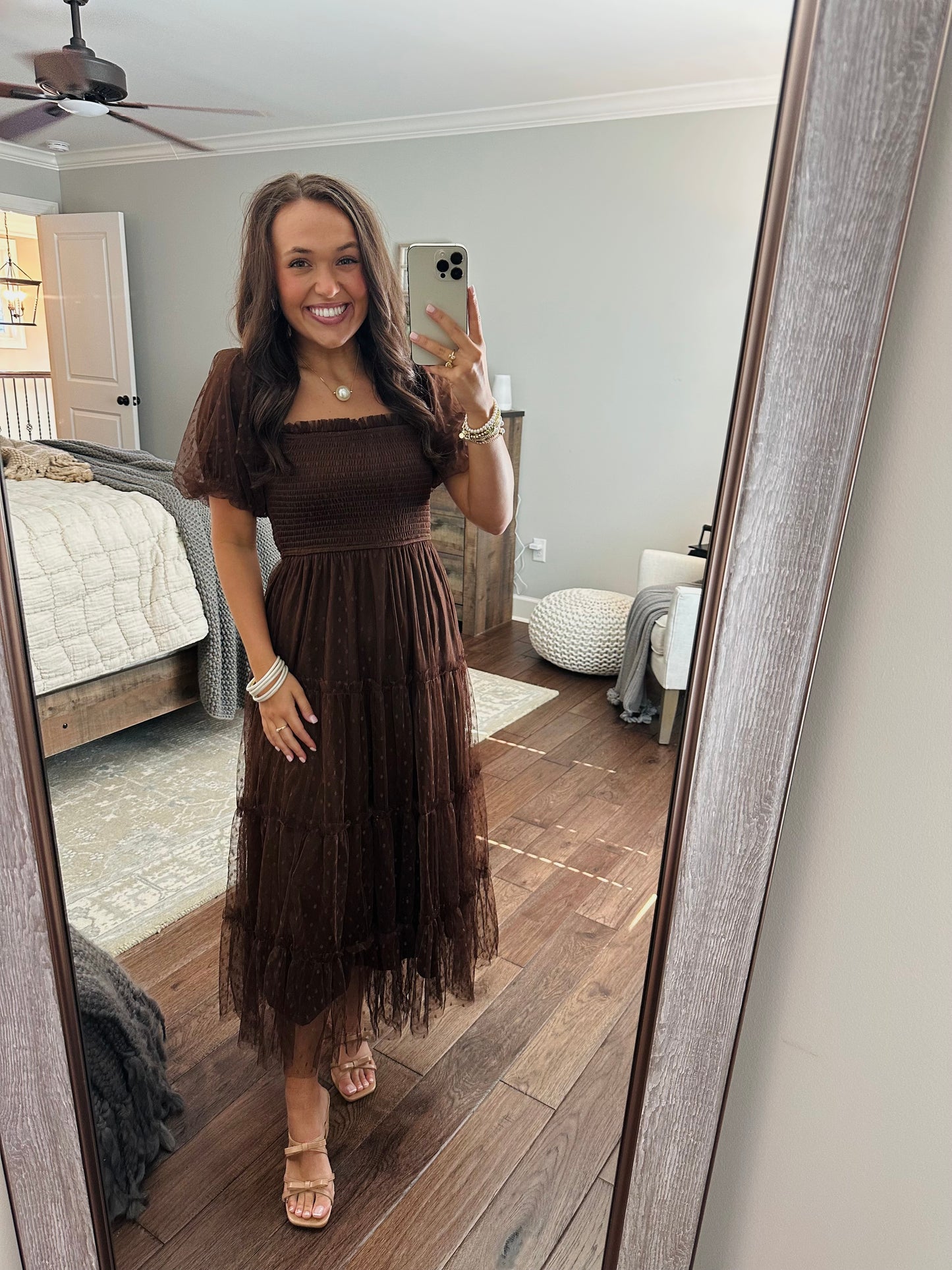 The Autumn Brown Polka Dot Chiffon Puff Sleeve Midi Dress