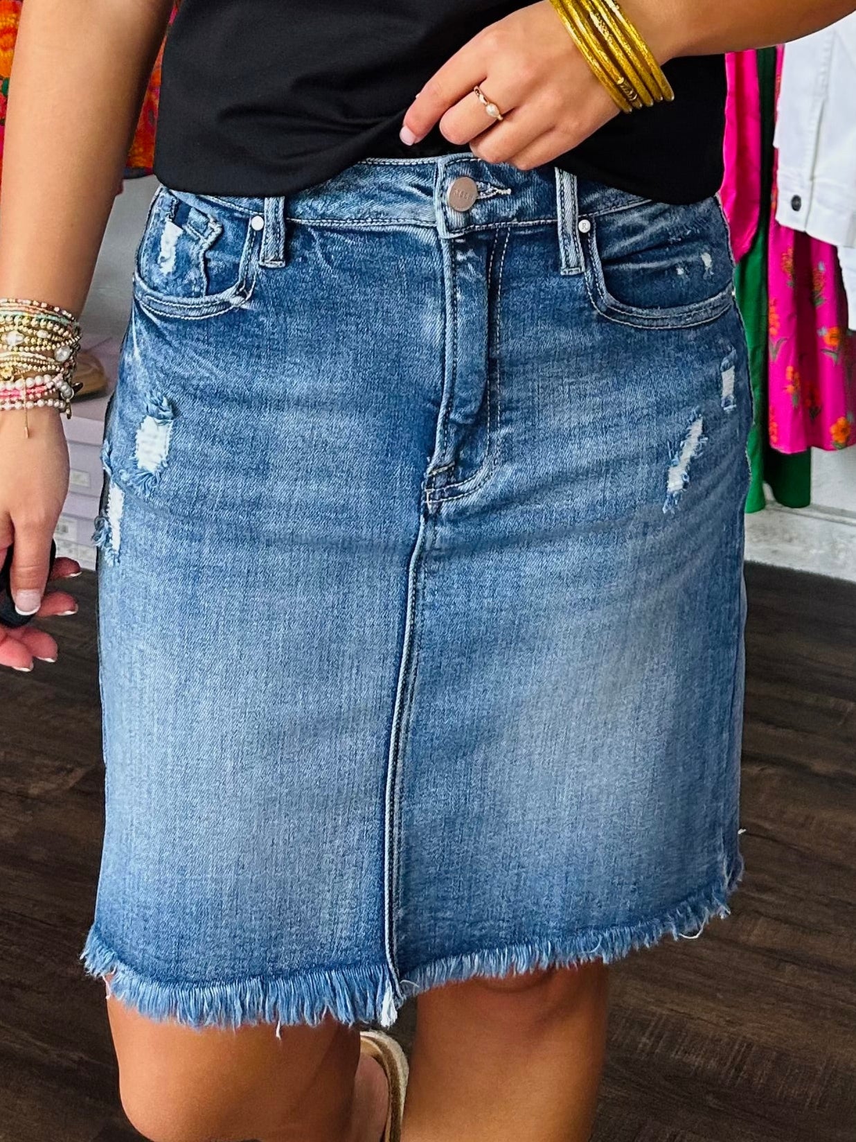 The High Rise Medium Short Frayed Hem Denim Skirt