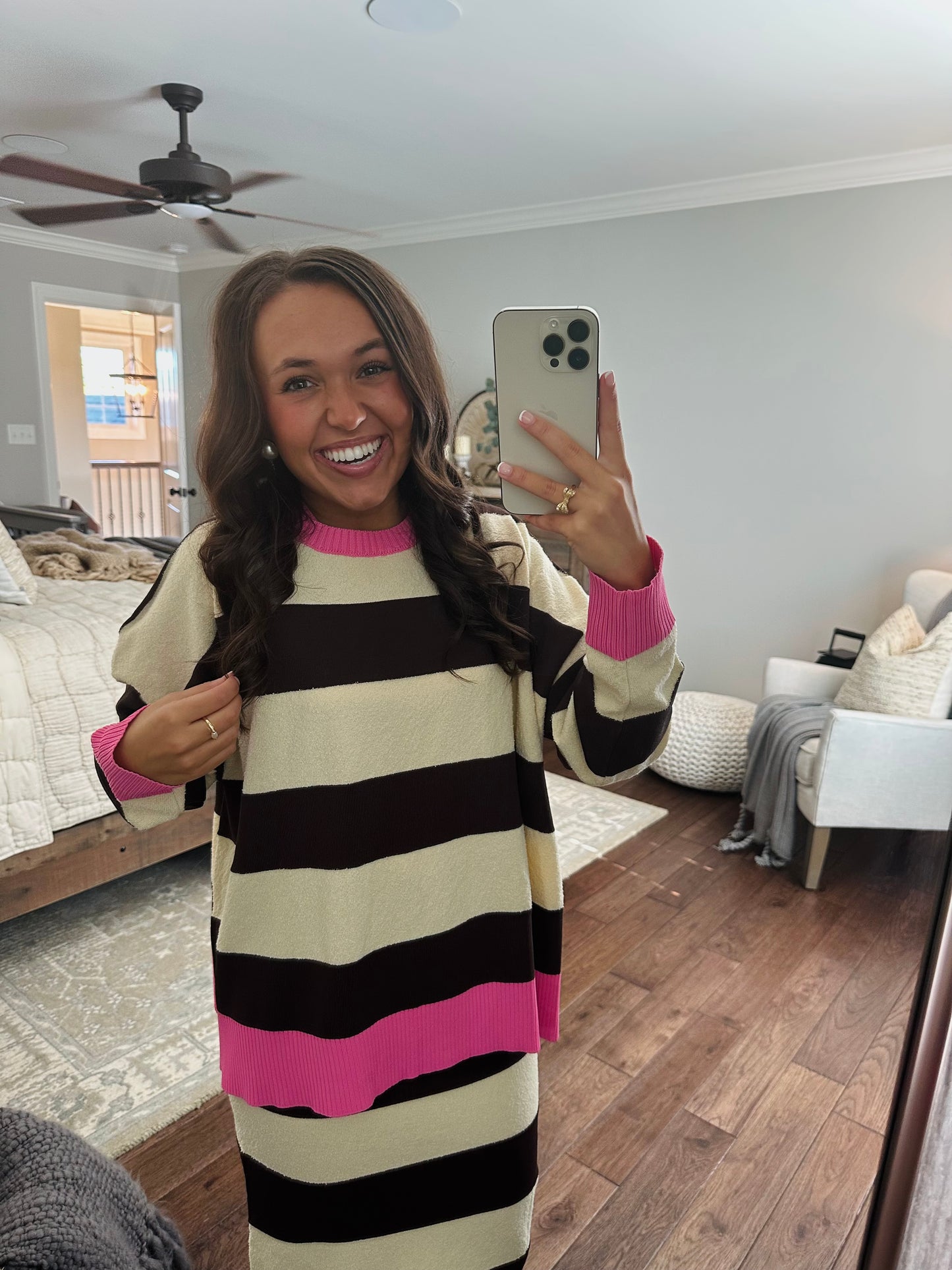 The Everlee Pink + Cream Striped Knit Sweater Top