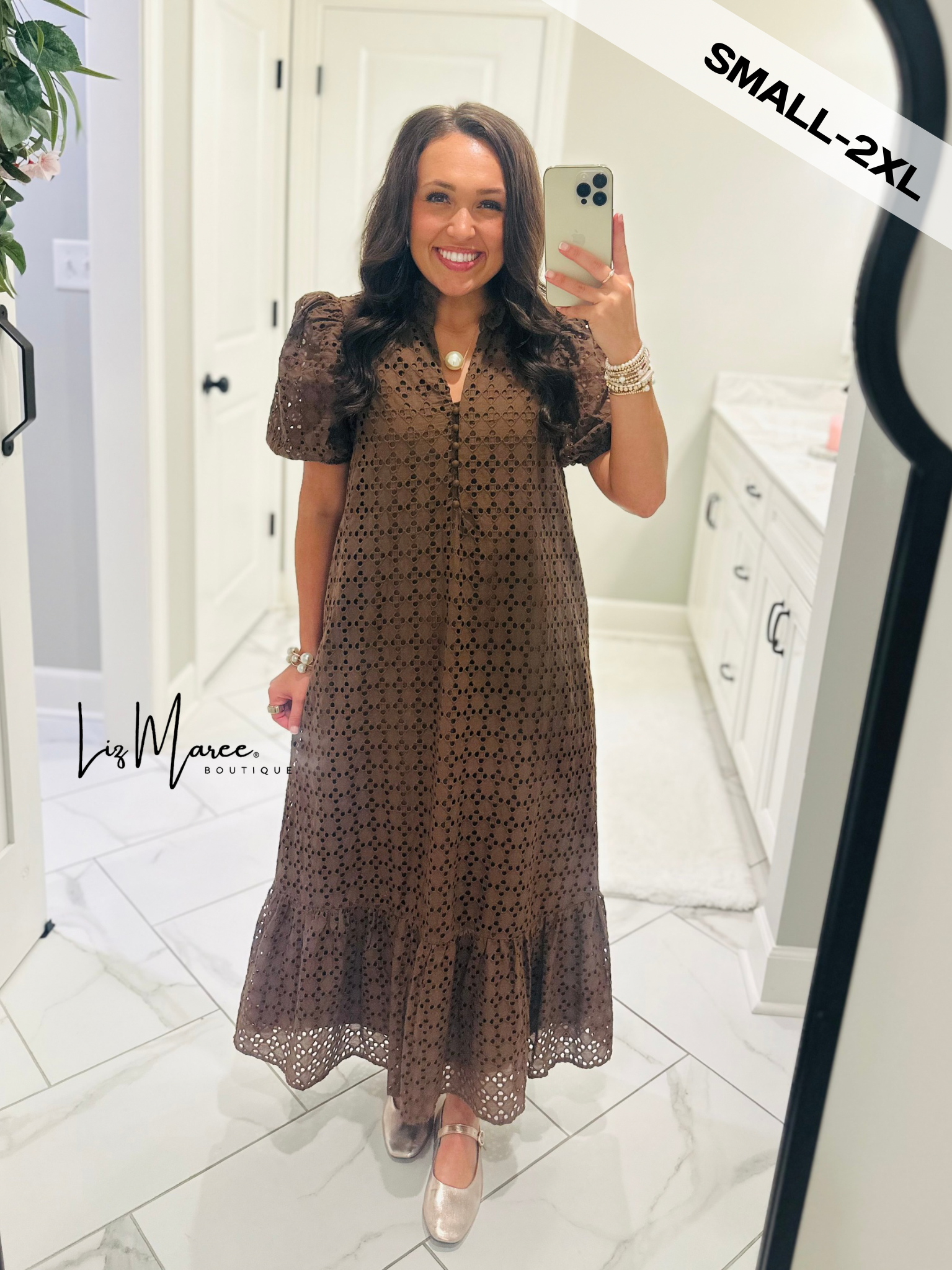 The Liz Brown Eyelet Midi Dress