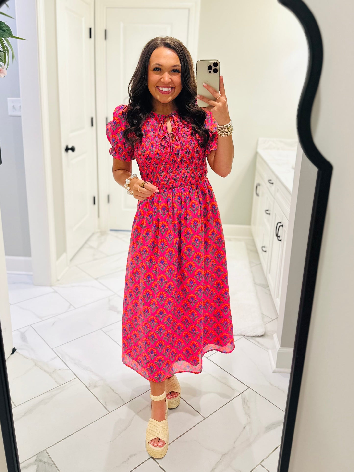 The Tamry Pink Smocked Midi Dress