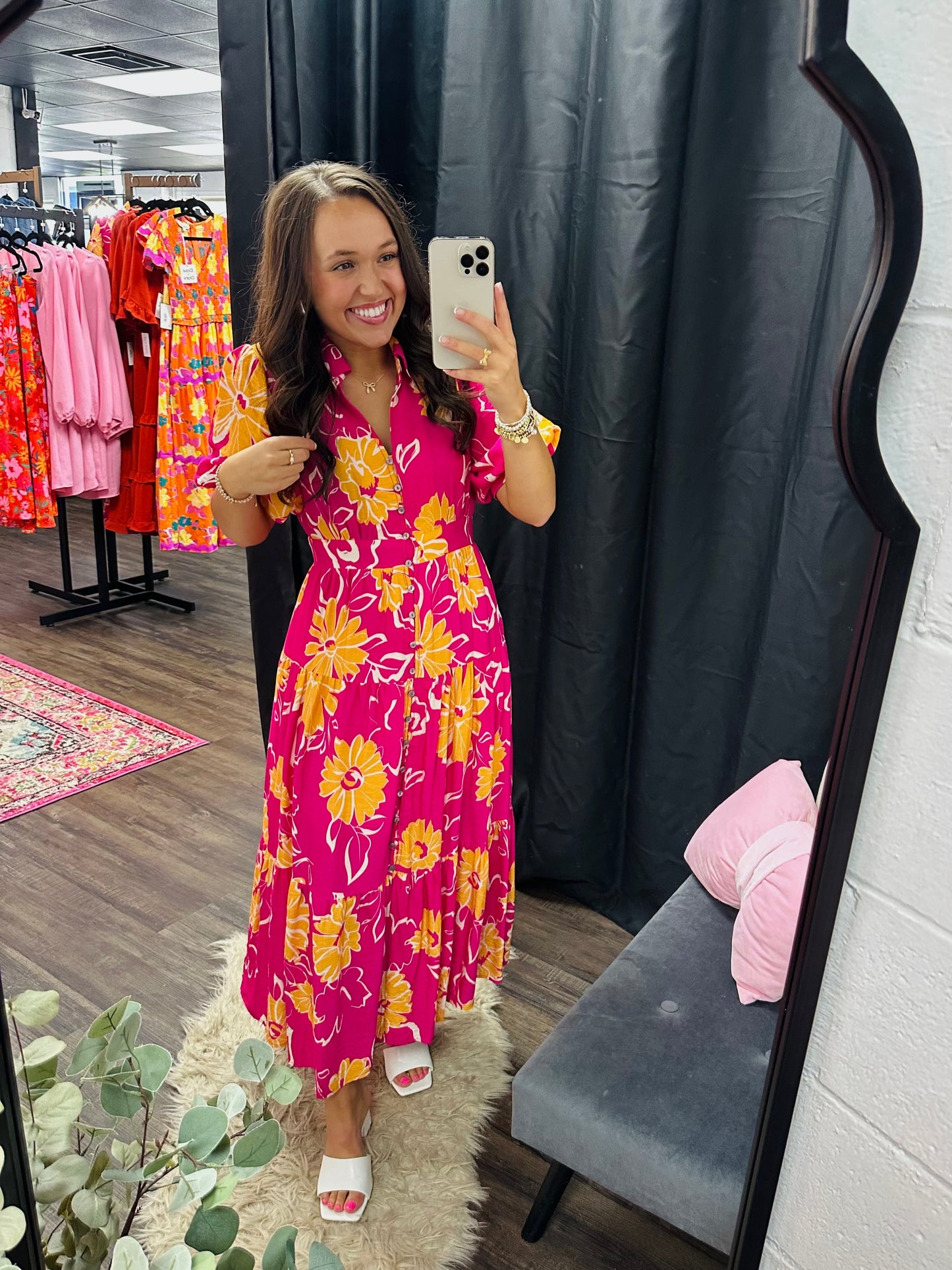 The Annamae Hot Pink Floral Midi Dress