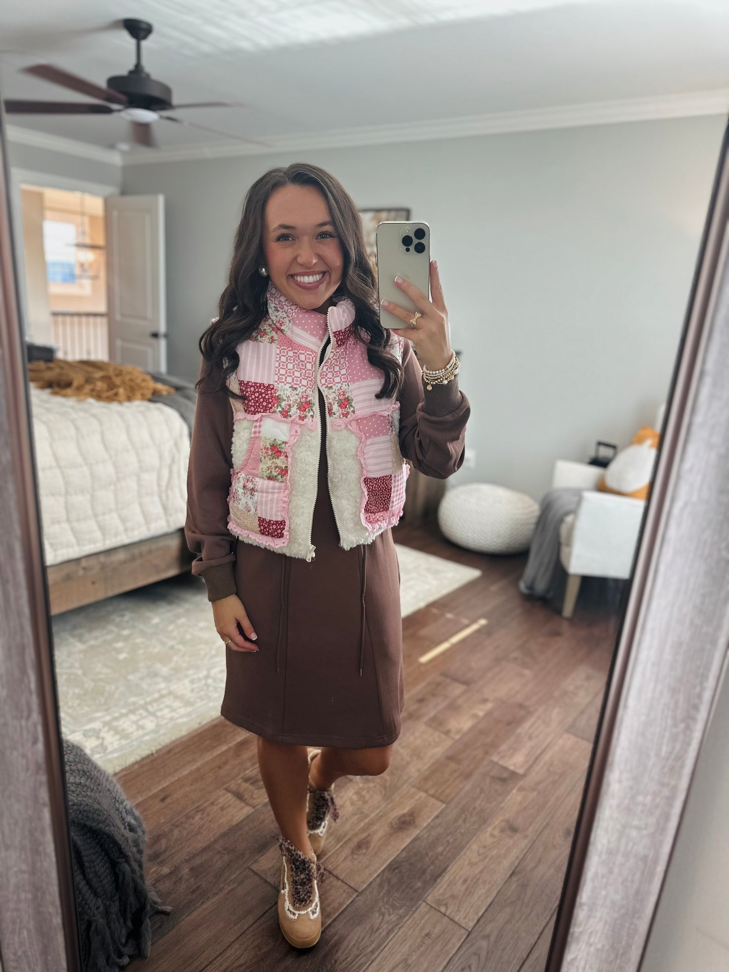 The Winnie Pink Patchwork Ruffle Sherpa Vest