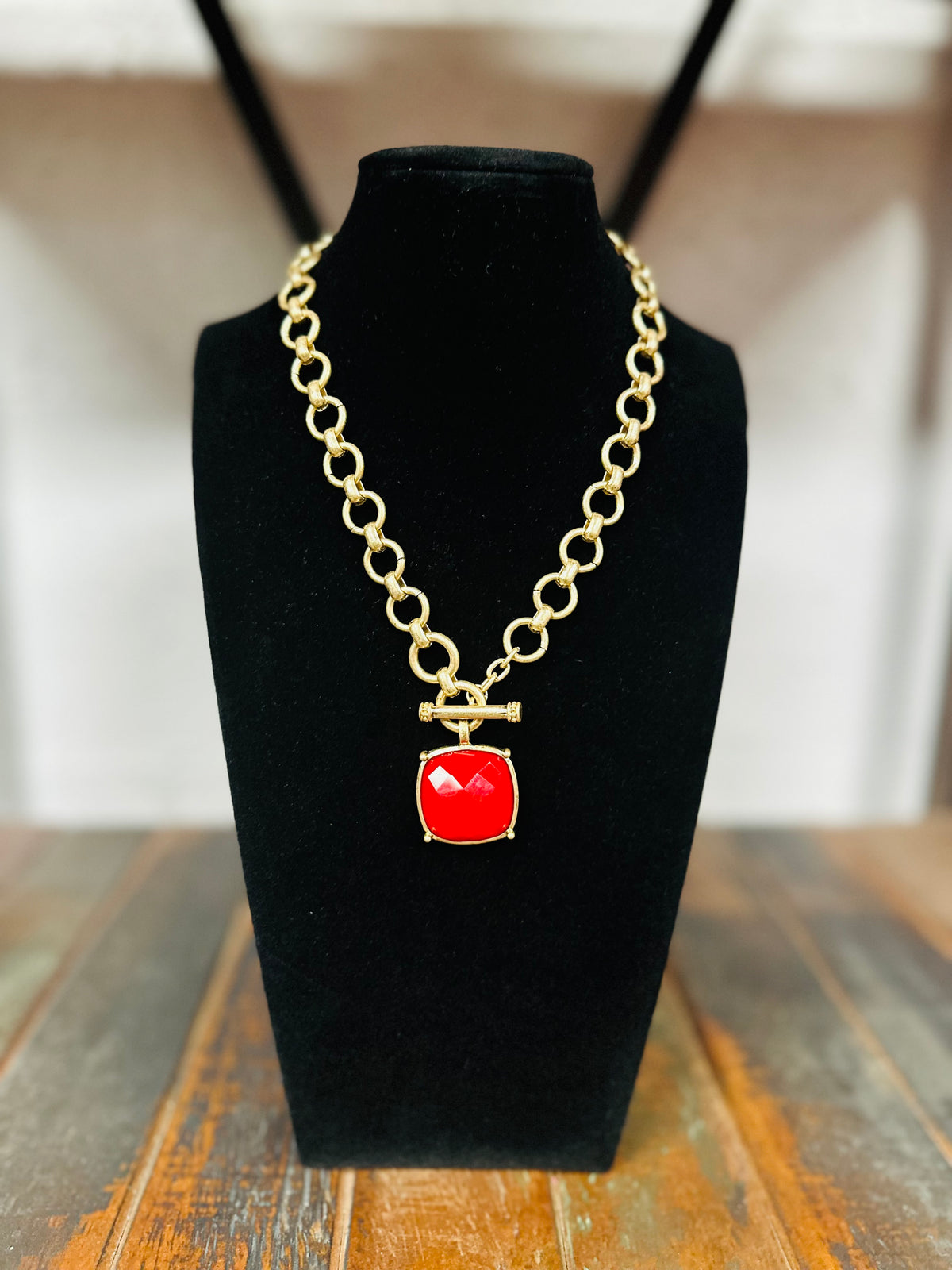 Red Square Stone Pendant Necklace