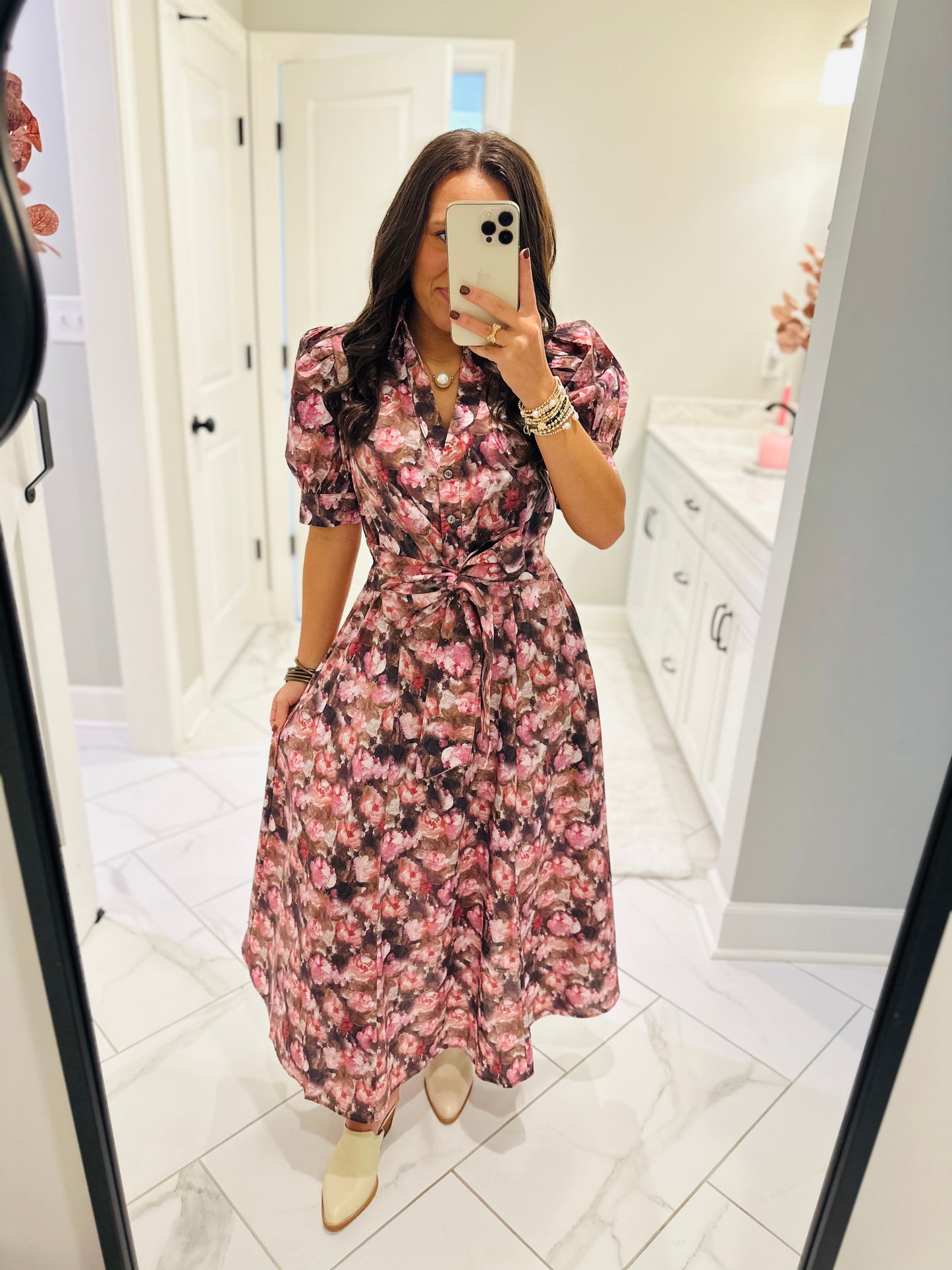 The Maggie Pink + Brown Floral Midi Dress