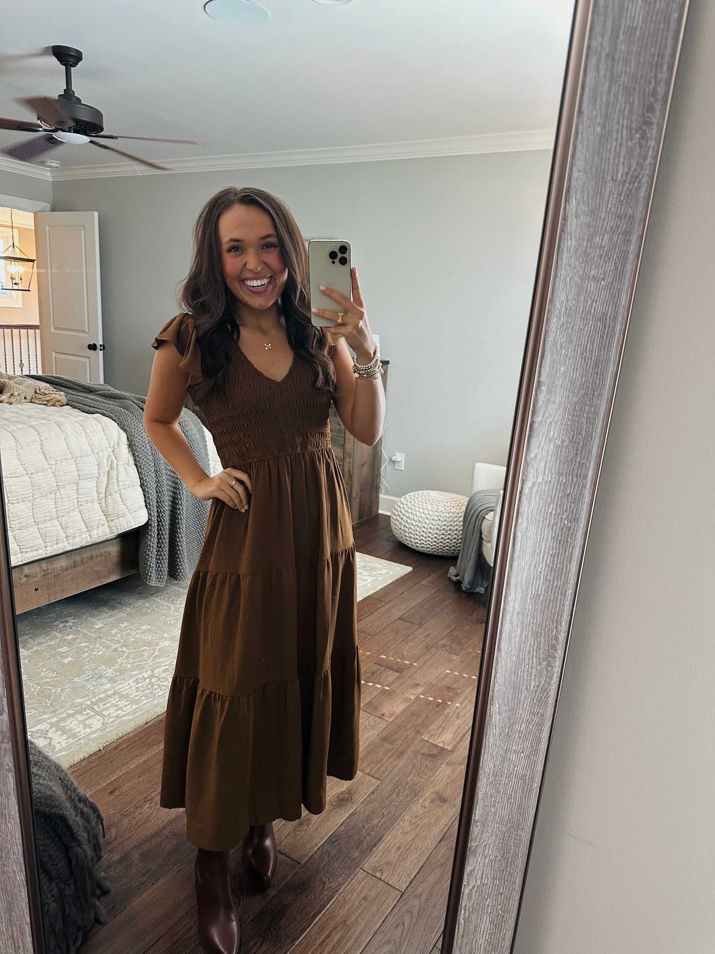 The Maple Copper Brown Flutter Sleeve Smocked Midi Dress