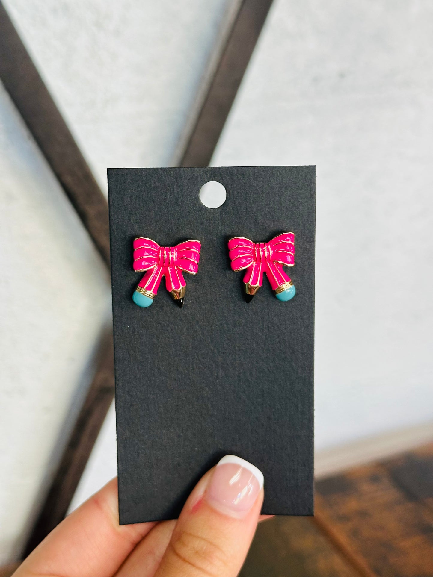 Hot Pink Bow Shaped Pencil Stud Earring
