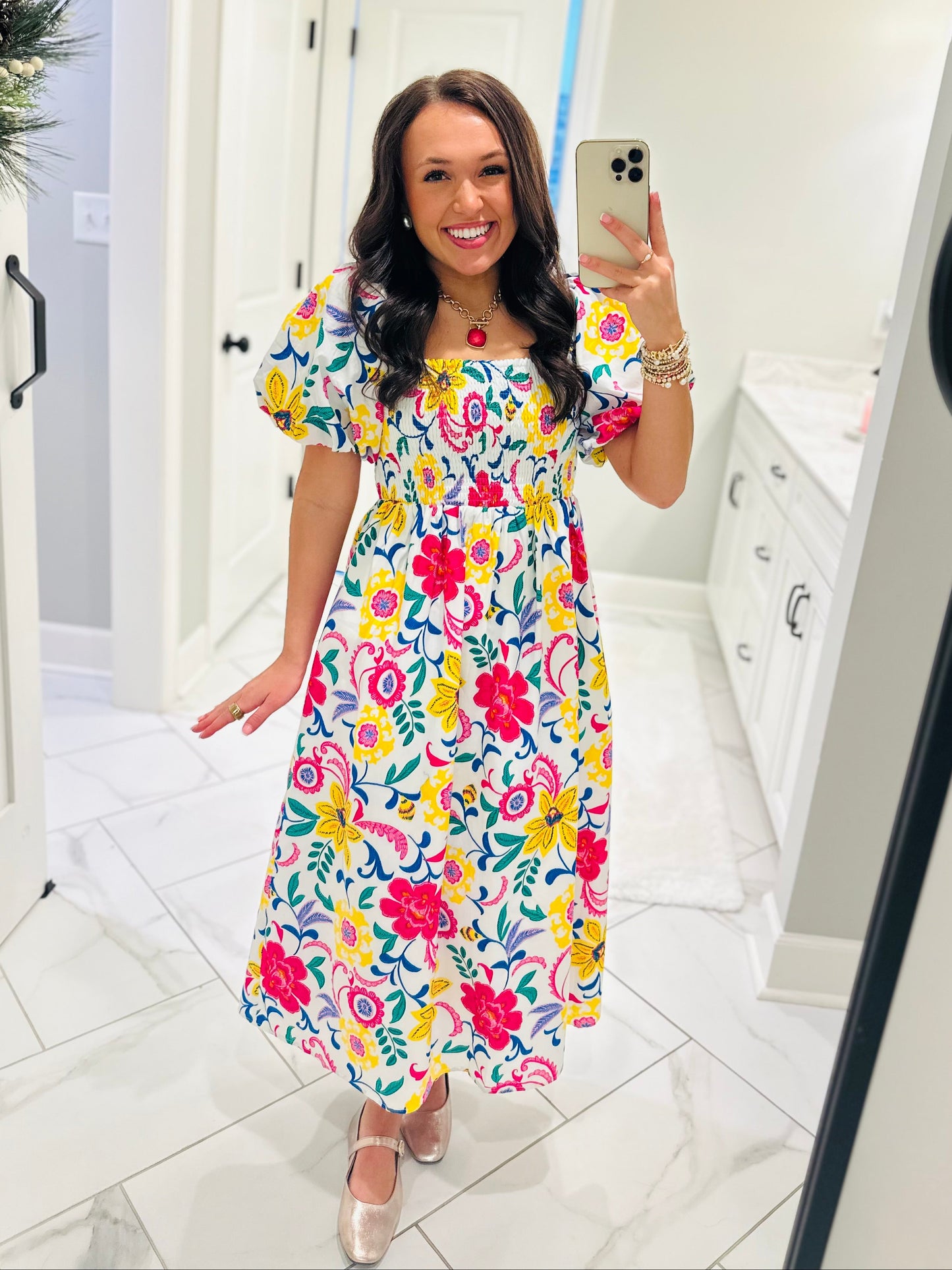 The Kes White Floral Smocked Midi Dress