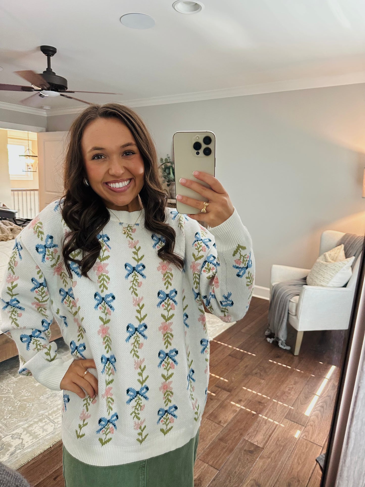 The White Coquette Ribbon Bow Floral Sweater