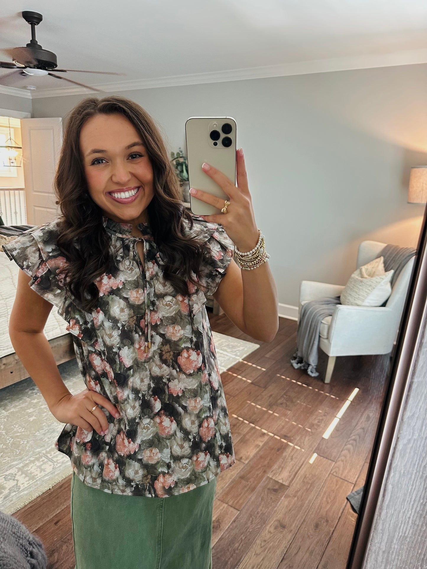 The Drew Olive Green Floral Top