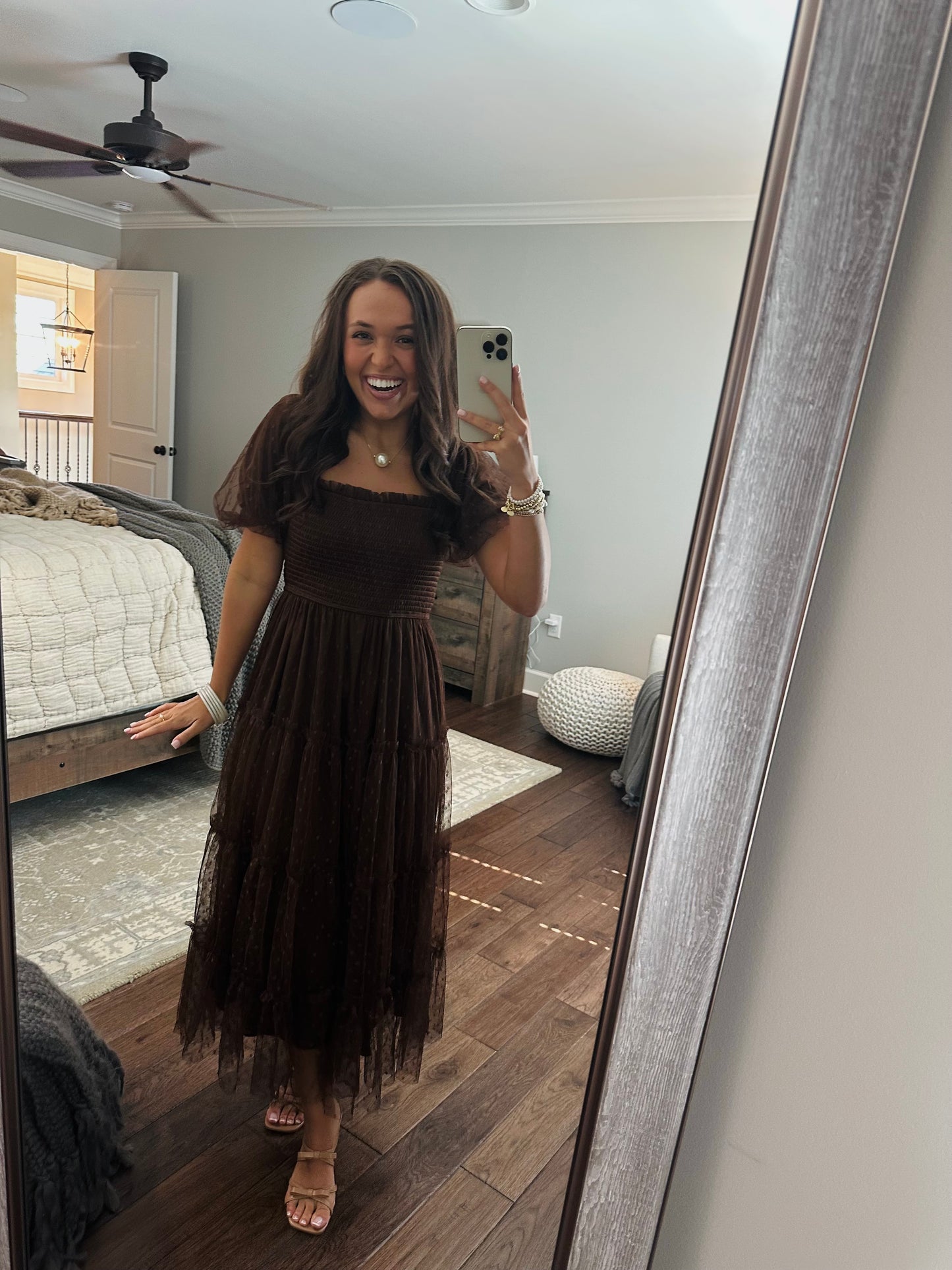 The Autumn Brown Polka Dot Chiffon Puff Sleeve Midi Dress