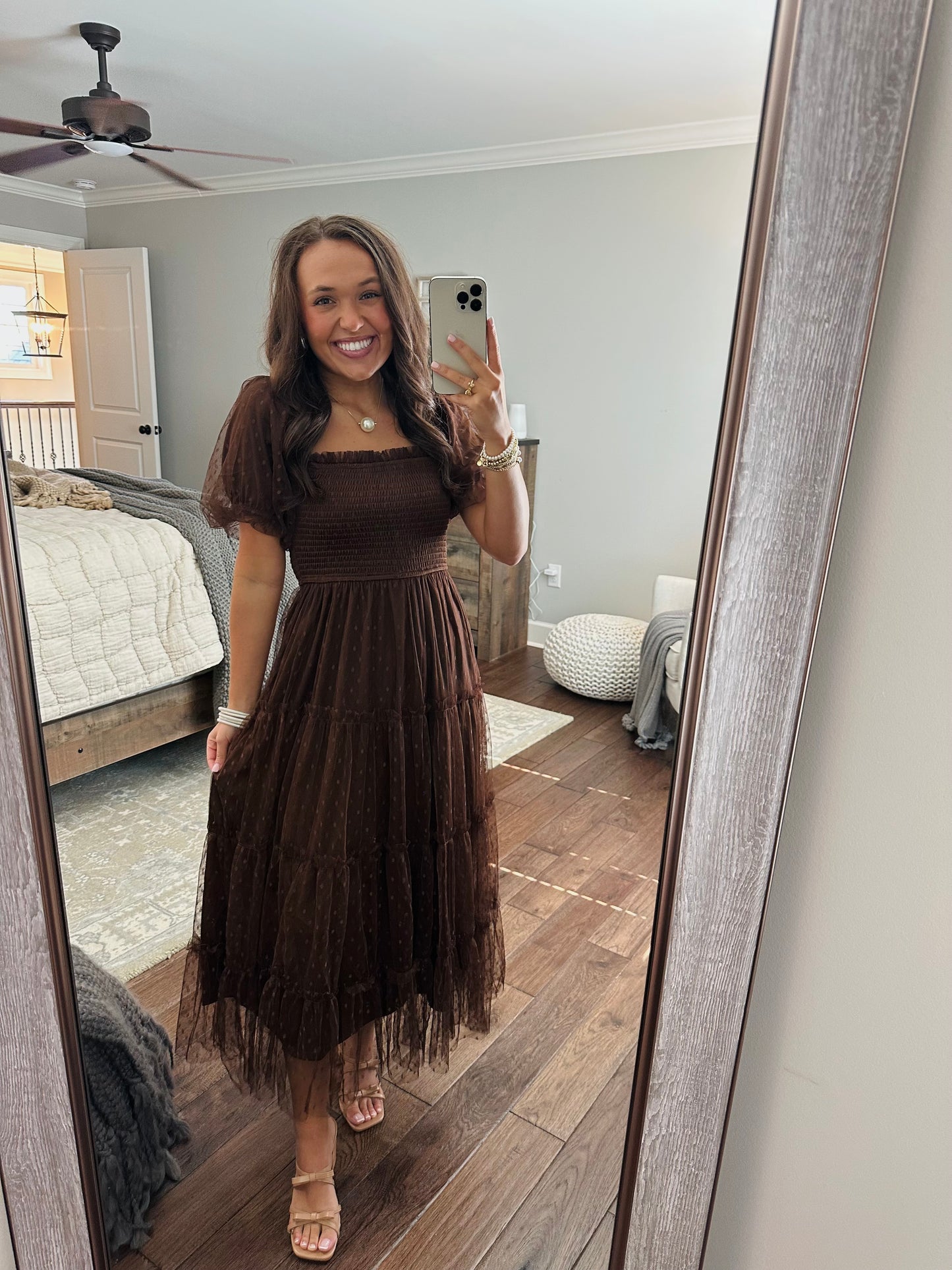 The Autumn Brown Polka Dot Chiffon Puff Sleeve Midi Dress