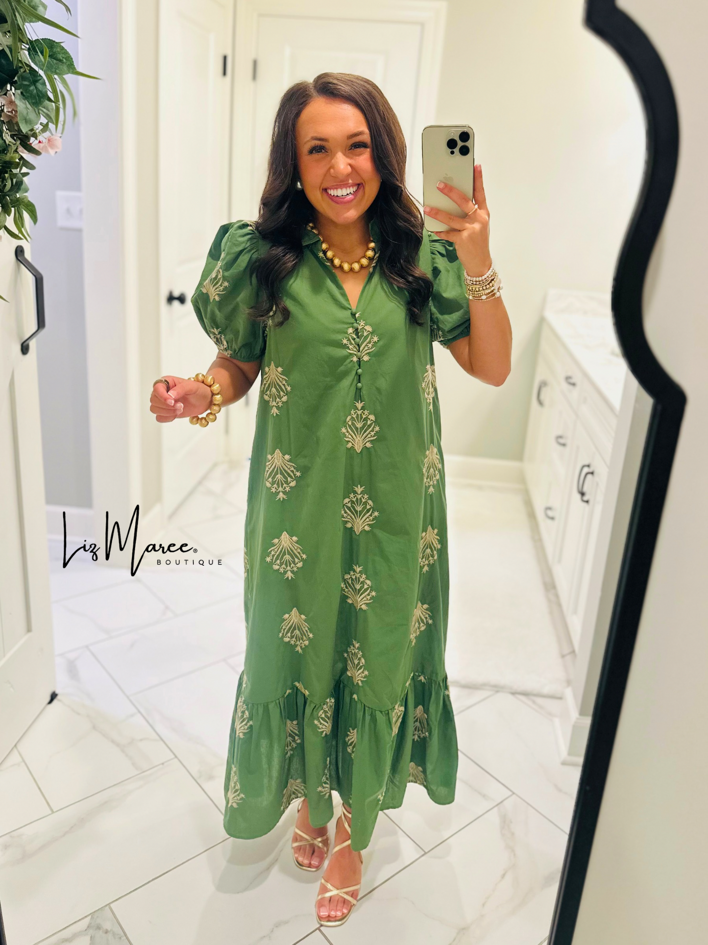 The Nola Olive Green Botanical Embroidered Midi Dress