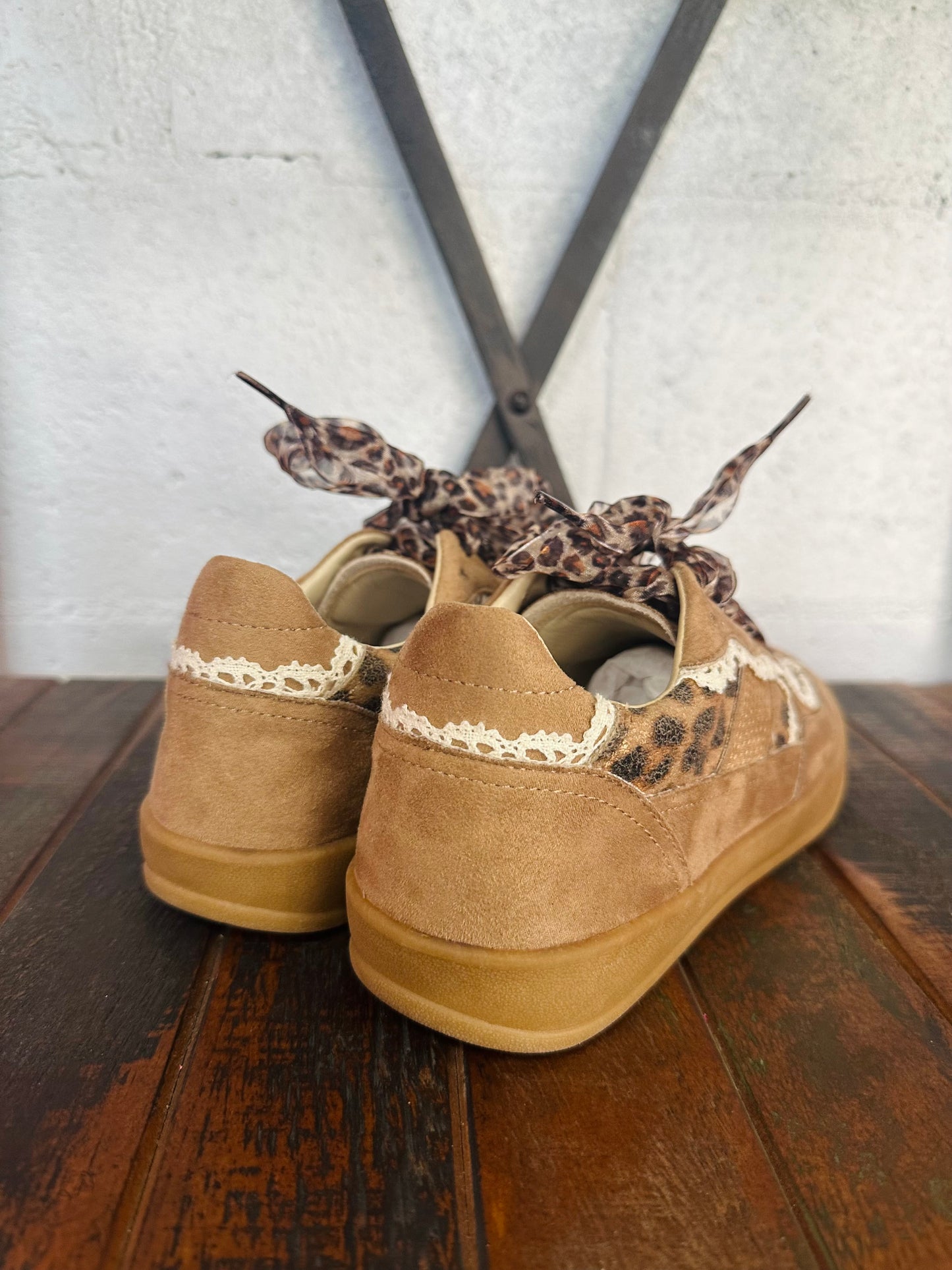 The Eleanor Camel Leopard Lace Trim Sneaker