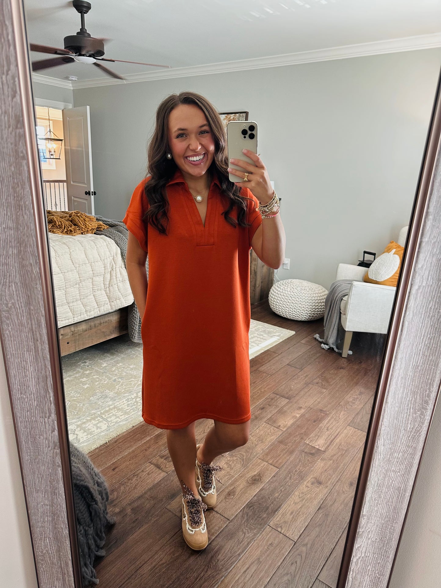 The Briar Burnt Orange V-neck Shift Dress
