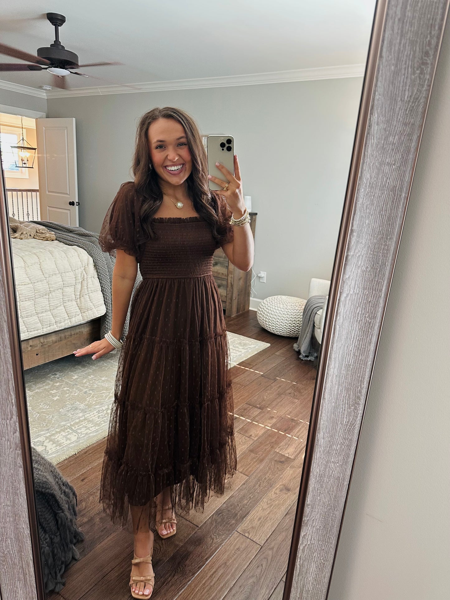 The Autumn Brown Polka Dot Chiffon Puff Sleeve Midi Dress