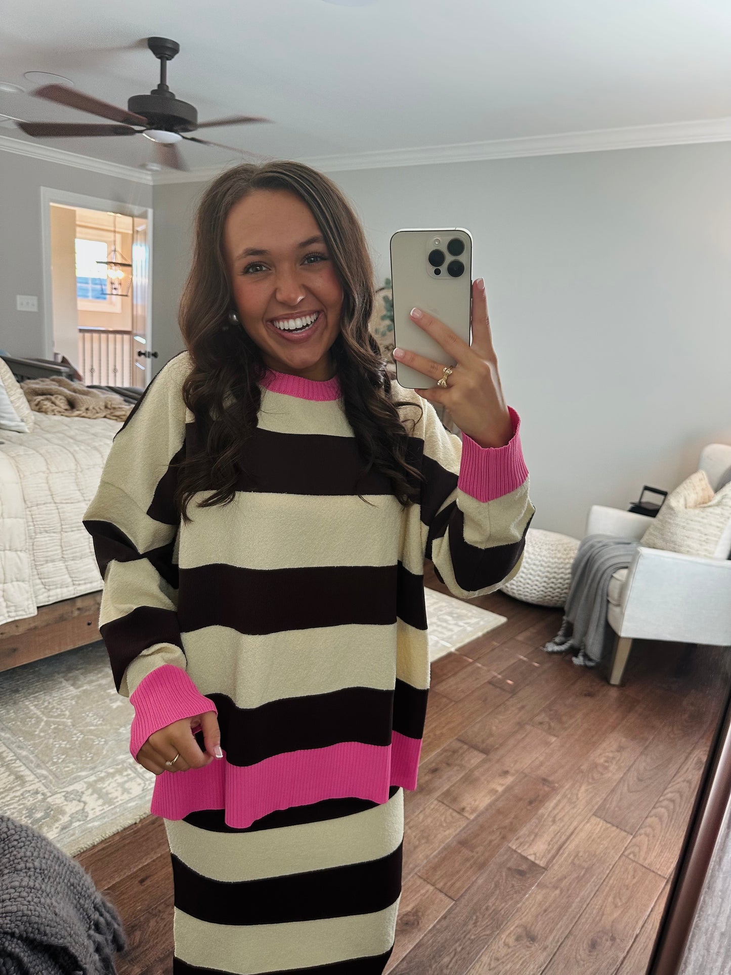 The Everlee Pink + Cream Striped Knit Sweater Top